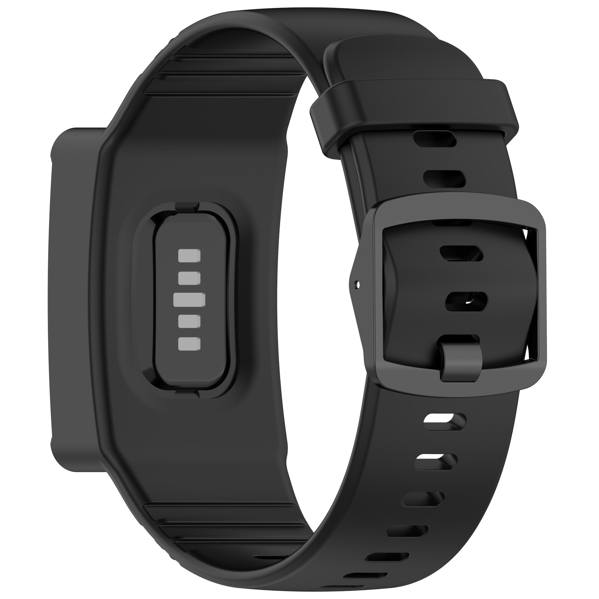 Un cinturino per smartwatch nero con fibbia e porta di ricarica.