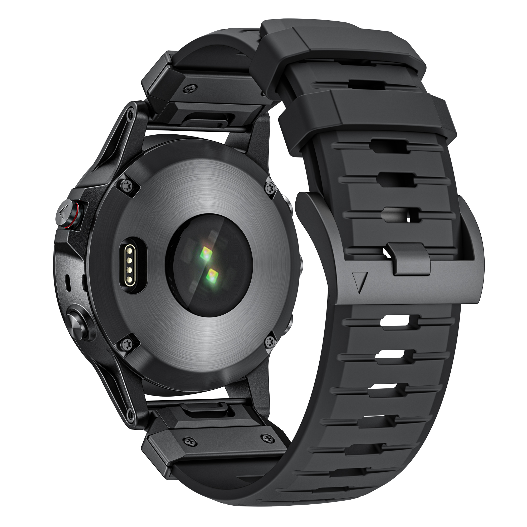 Schwarze Smartwatch mit schwarzem Armband. Die Rückseite hat Sensoren und einen Ladeanschluss.