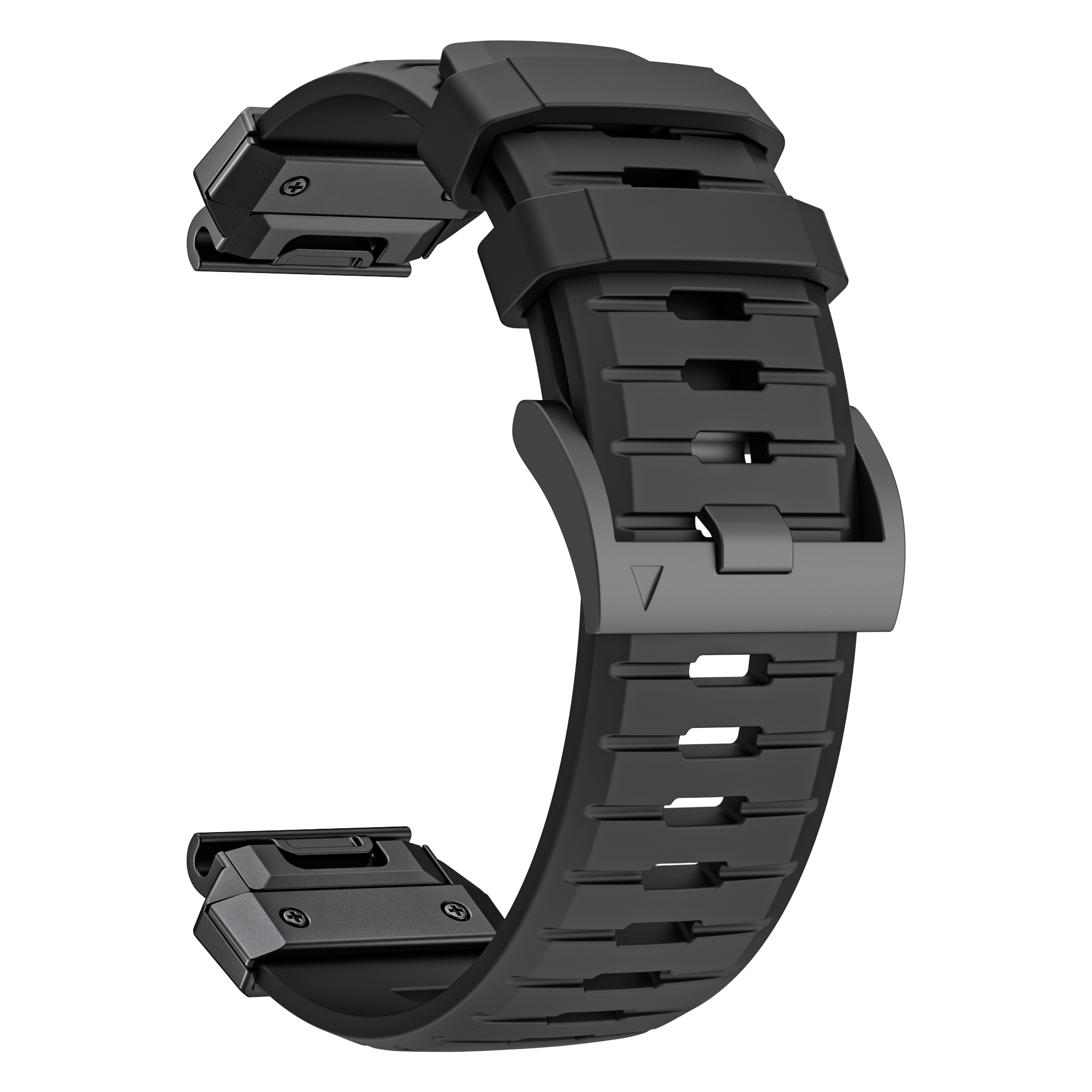 Schwarzes Uhrenarmband mit strukturiertem Design und Verschluss.