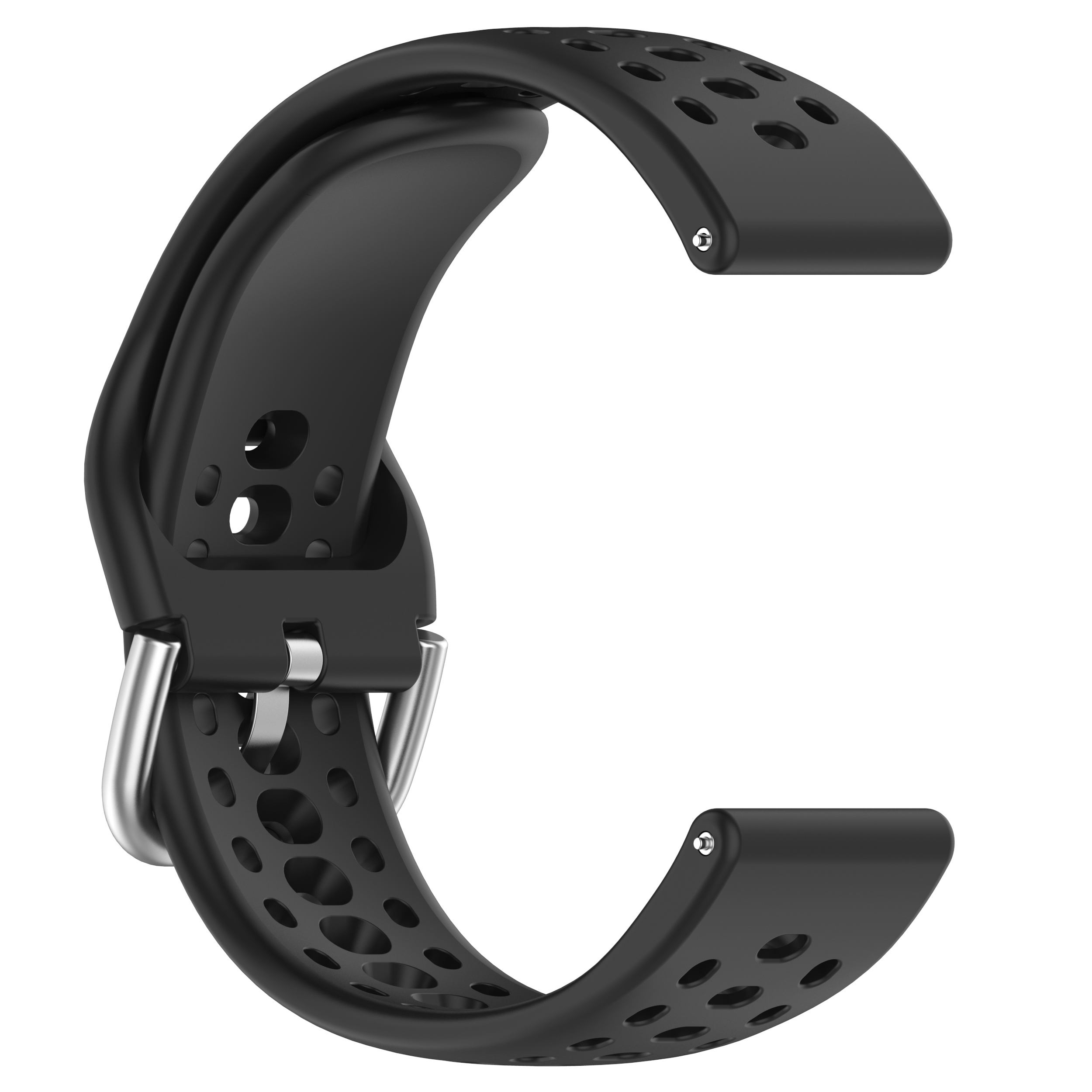 Schwarzes Uhrenarmband mit Löchern und einer silbernen Schnalle. Das Band hat ein gebogenes Design mit Lochmuster.