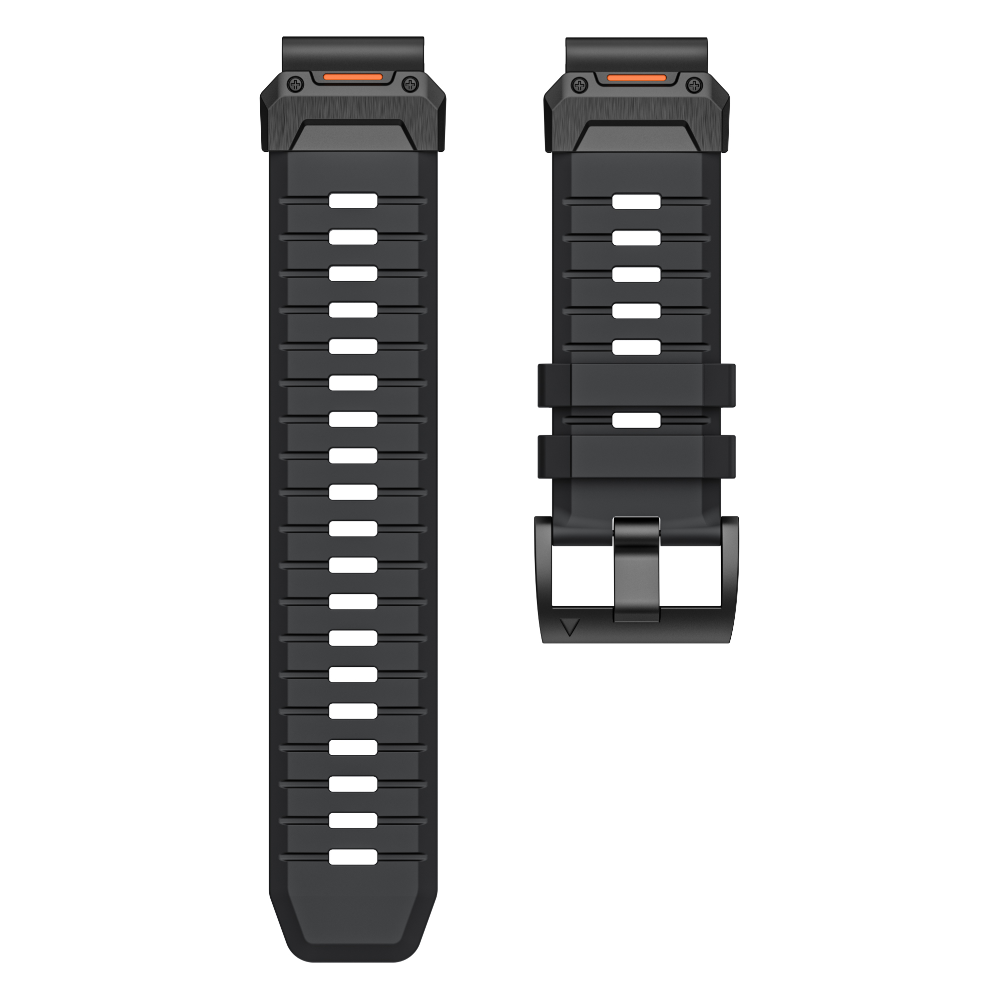 Schwarzes Smartwatch-Armband mit orangefarbenen Akzenten. Zwei Teile mit Schnalle. Robustes, sportliches Design.