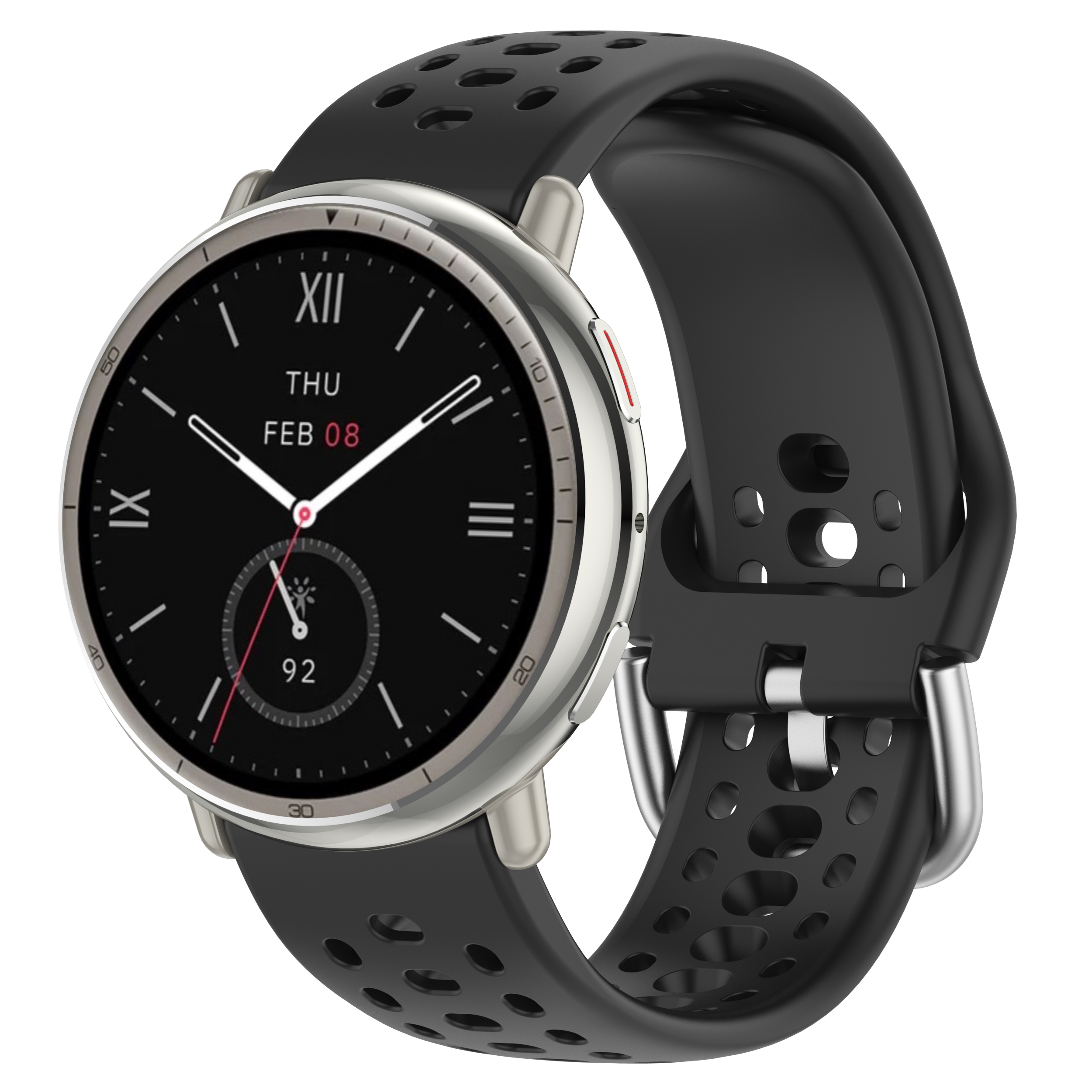 Eine schwarze Smartwatch mit silberner Lünette und schwarzem Armband, die Datum und Uhrzeit anzeigt.