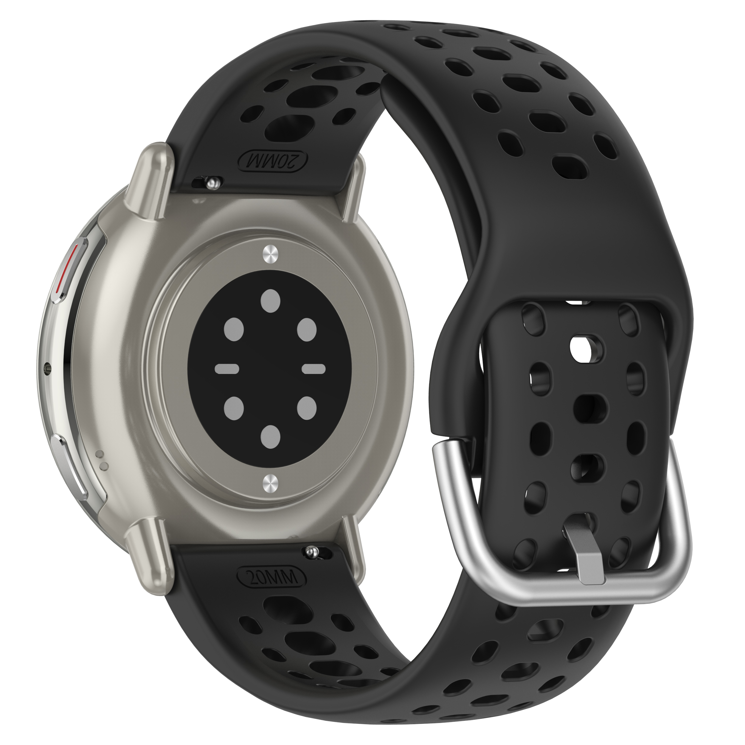 Silberne Smartwatch mit schwarzem Armband, Rückansicht. Perforiertes Band mit Silberschnalle.