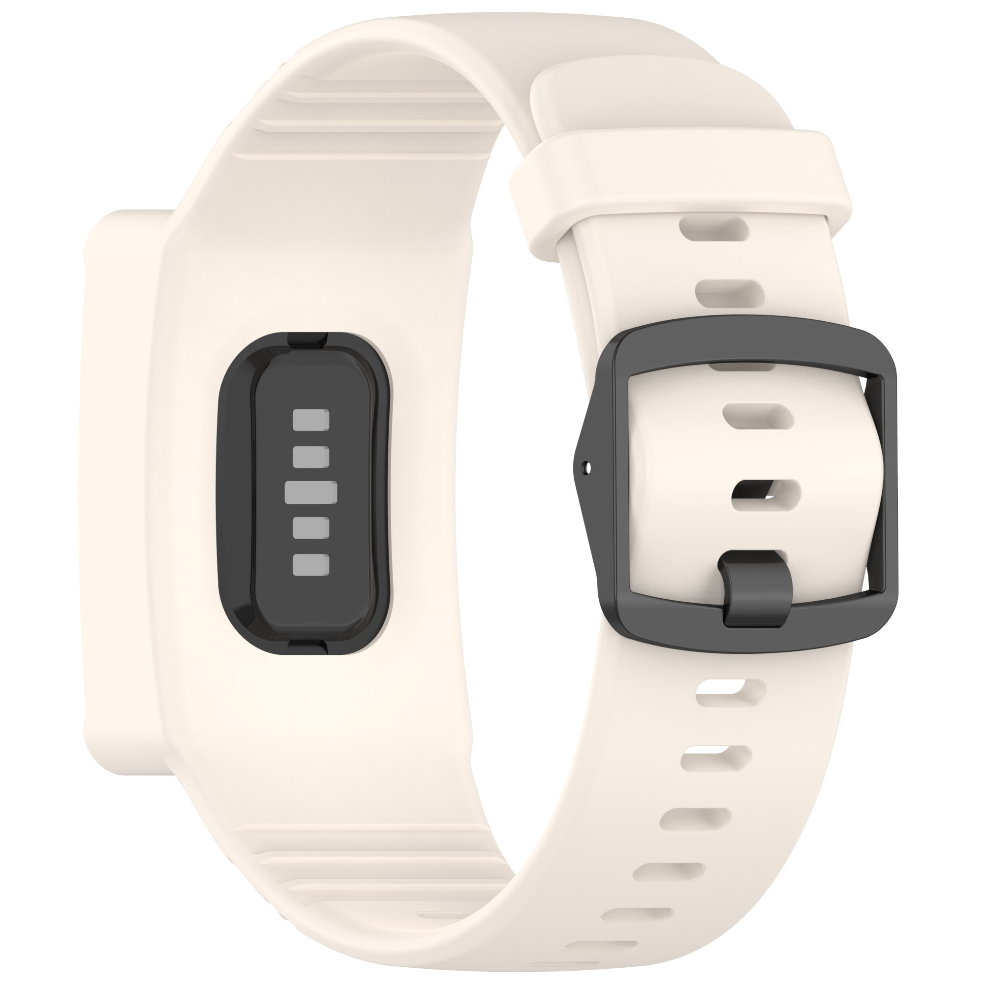 Smartwatch color crema con schermo nero e cinturino con fibbia nera.