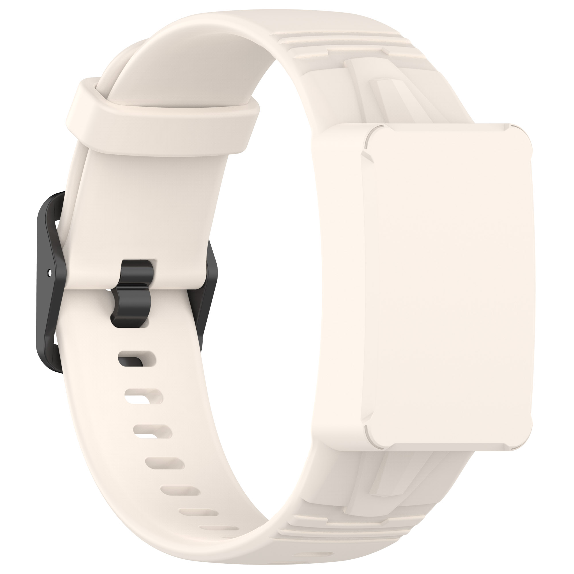 Cinturino per smartwatch color crema con fibbia nera e display rettangolare.