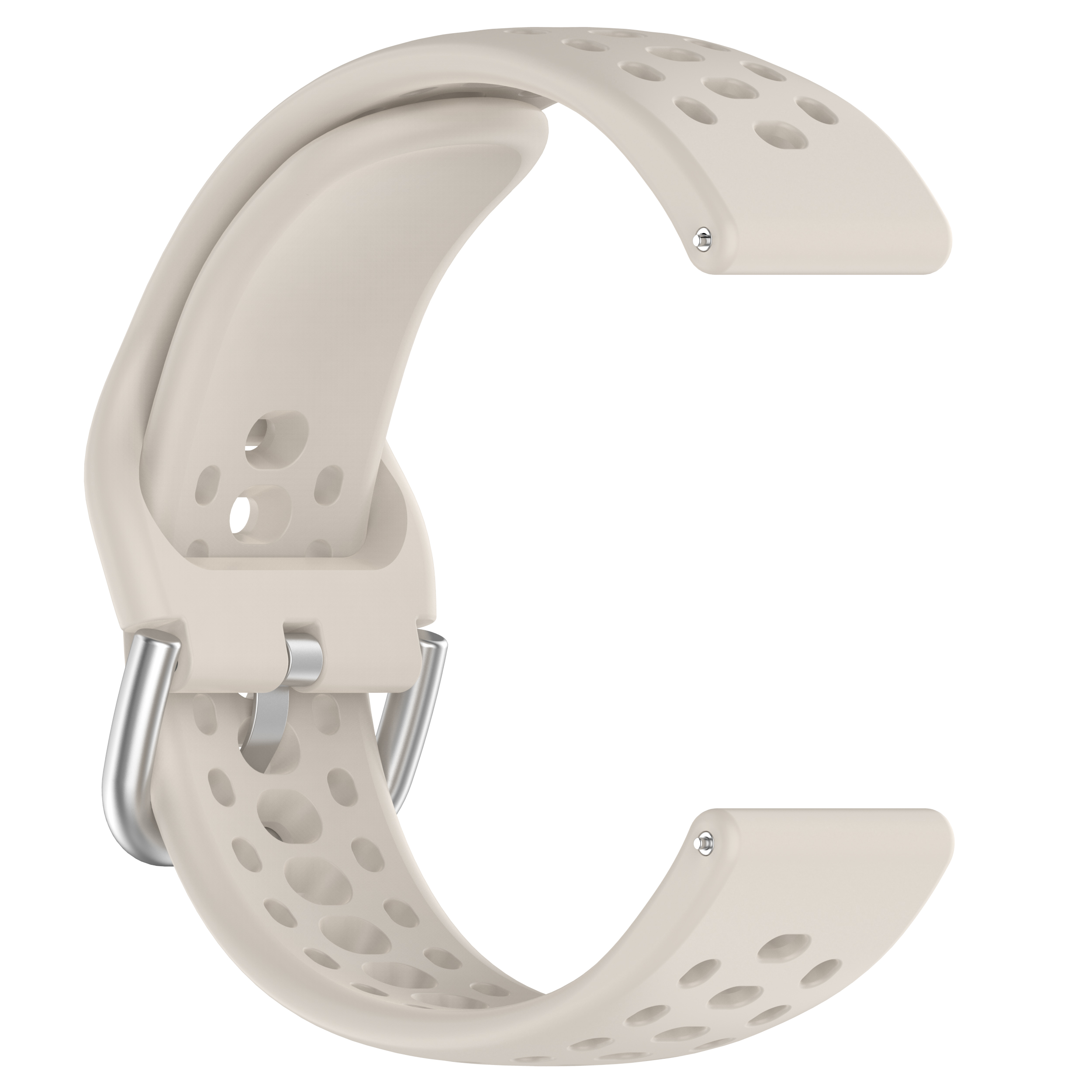 Cinturino per smartwatch color crema con fori e fibbia argentata, sfondo bianco.