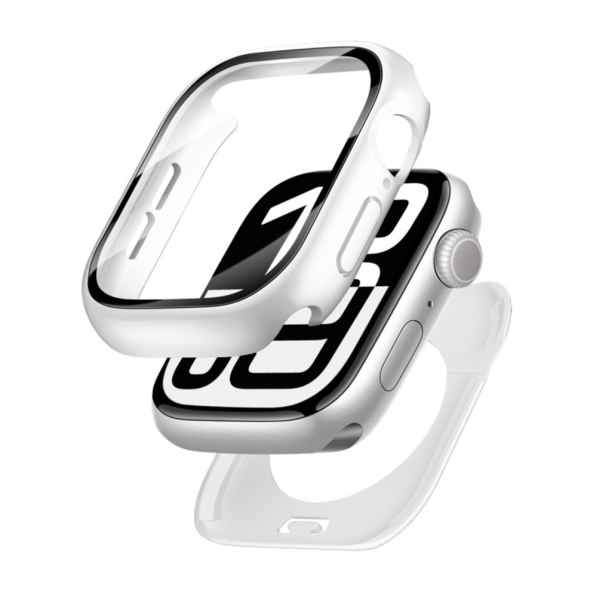 Un orologio bianco con una protezione schermo trasparente, che mostra il quadrante.