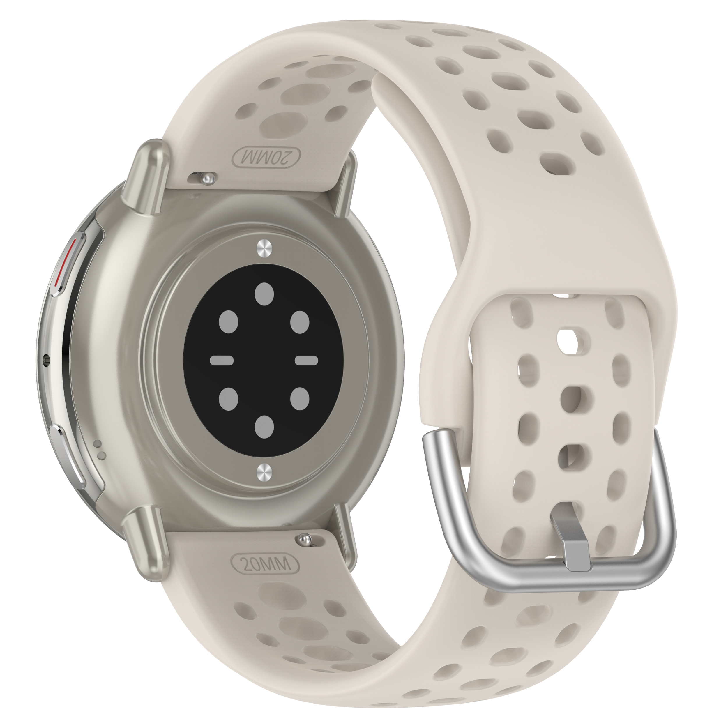 Uno smartwatch con un cinturino di colore chiaro. Il retro mostra i sensori e l'attacco.