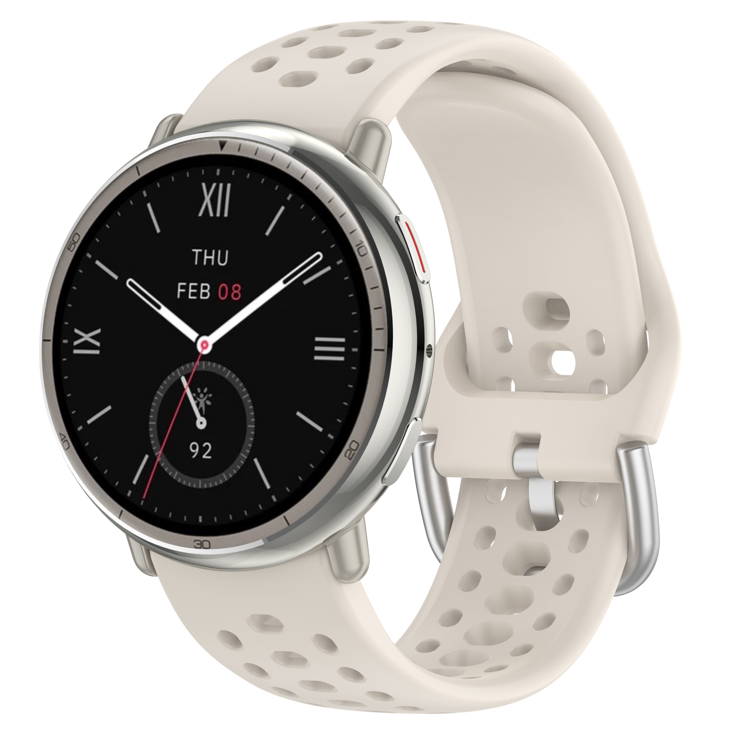 Smartwatch con quadrante rotondo nero, cinturino bianco e cassa argentata.