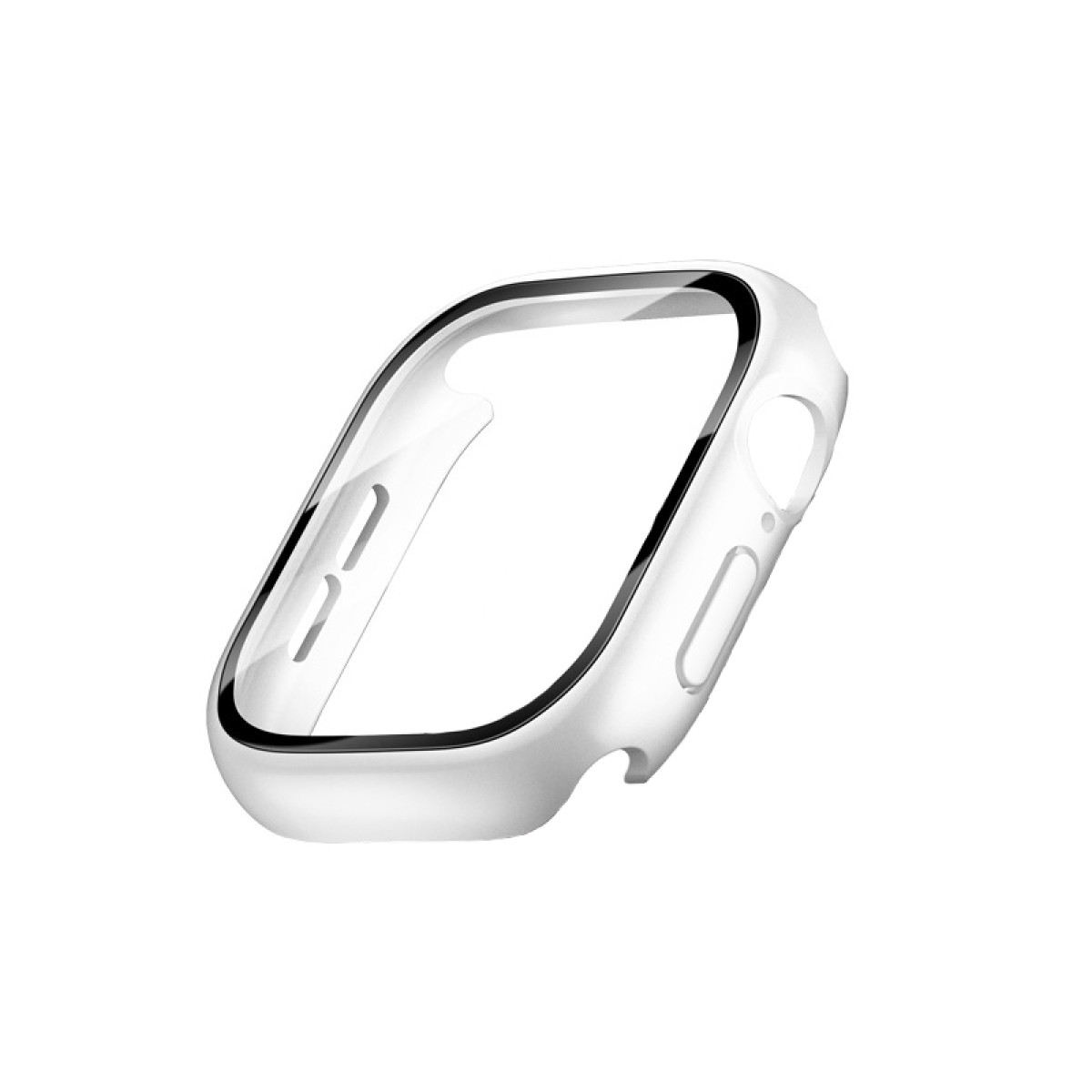 Custodia per smartwatch bianca con schermo trasparente. Sfondo bianco.