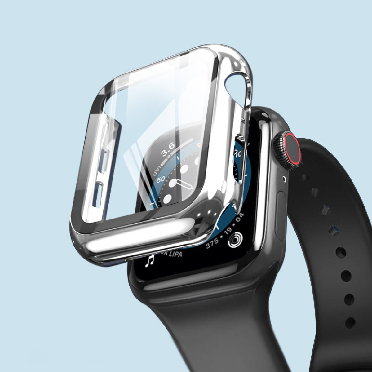 Smartwatch con protezione schermo trasparente, quadrante visibile, cinturino nero, sfondo blu.
