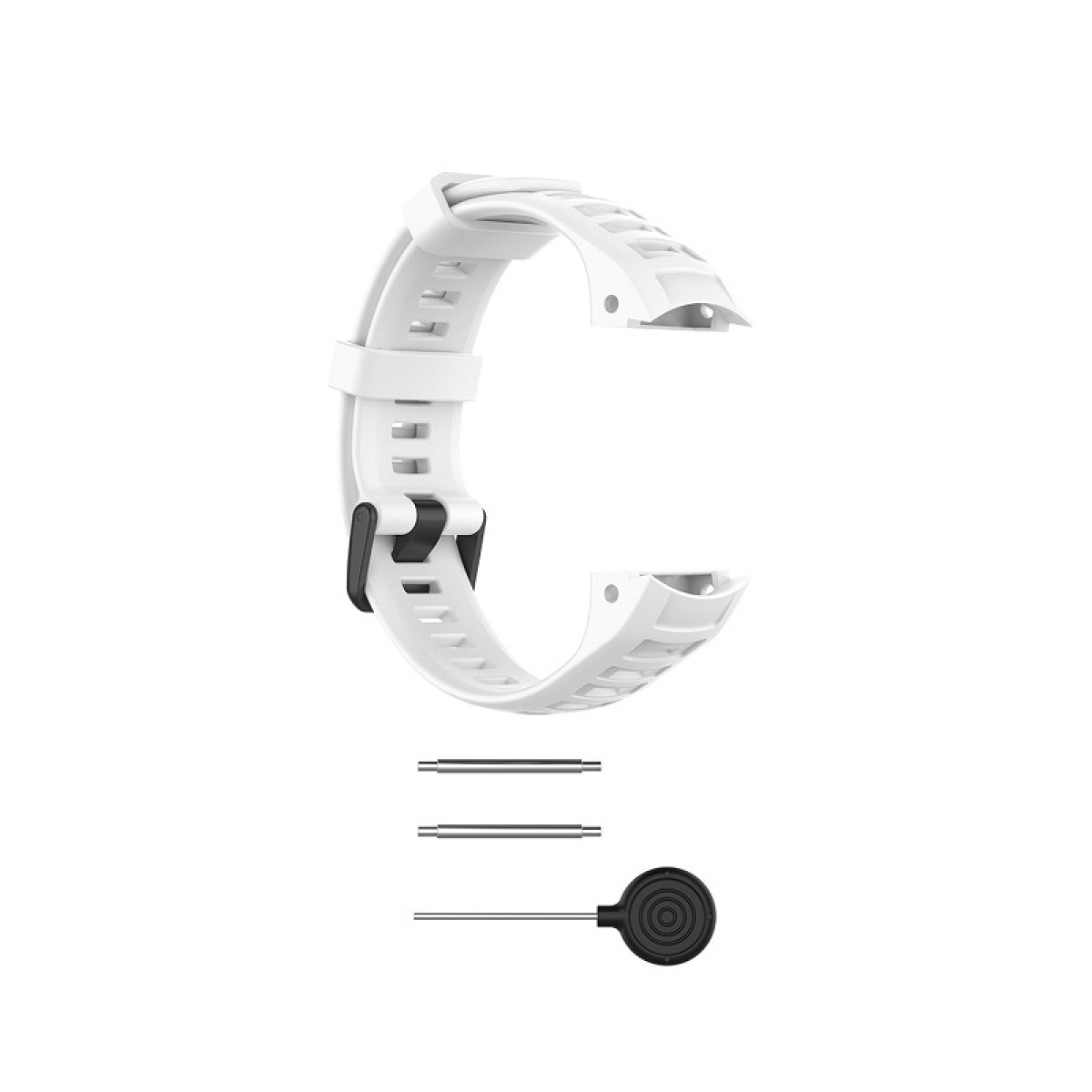 Weißes Uhrenarmband mit Werkzeugen, auf weißem Hintergrund.