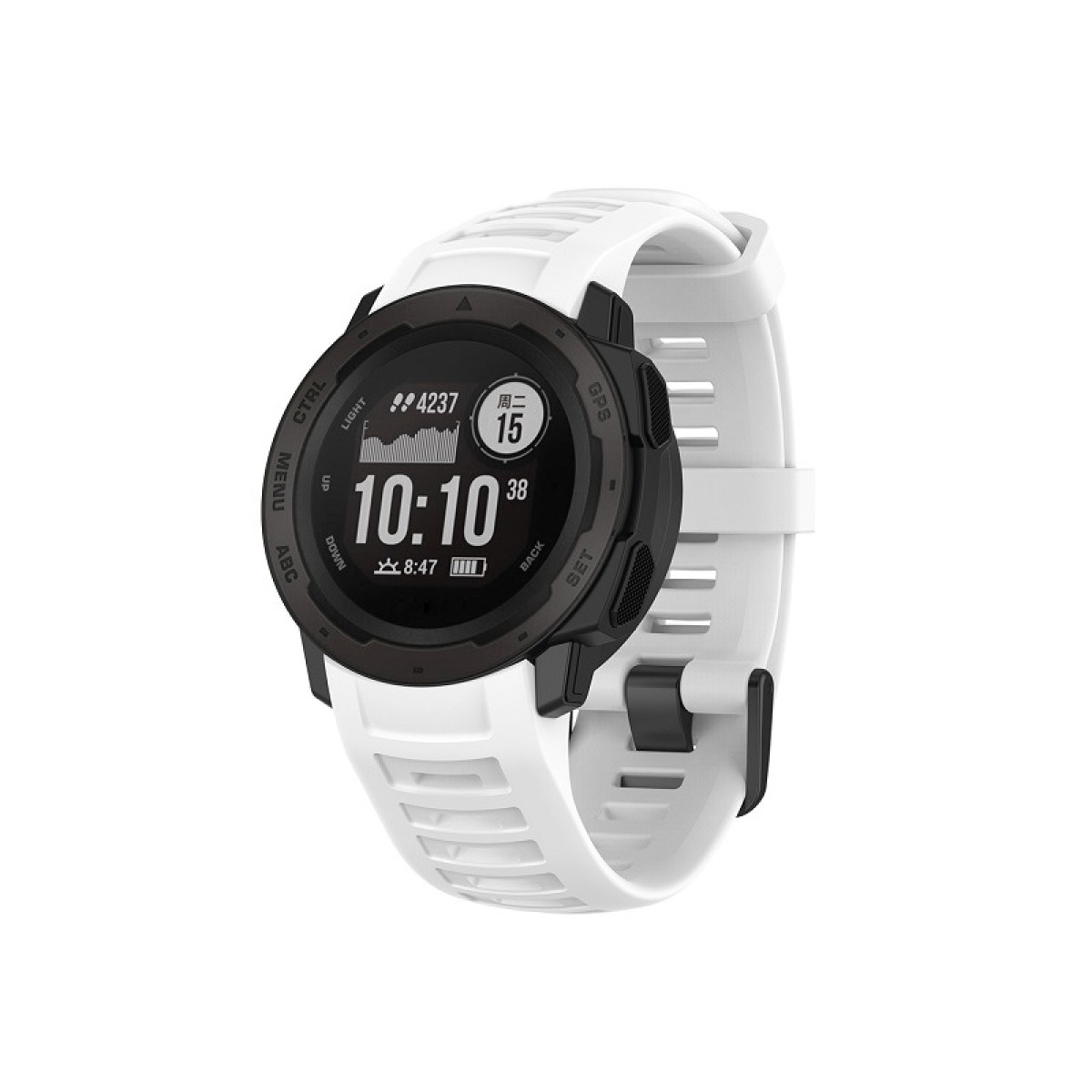 Eine weiße Smartwatch mit schwarzem Zifferblatt, das Zeit und Datum anzeigt.