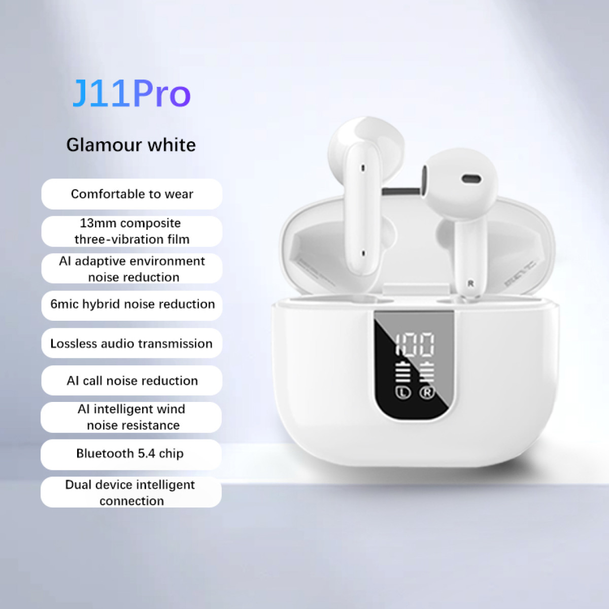 Weiße J11 Pro Ohrhörer mit einem Etui und einer Liste von Funktionen. Das Etui zeigt einen Akkuladestand.