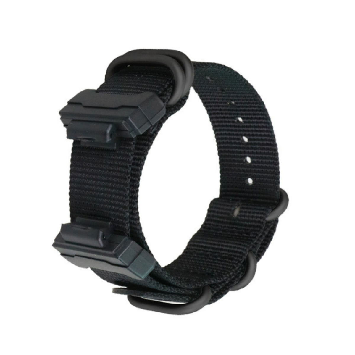 Schwarzes Nylon-Uhrenarmband mit schwarzem Kunststoffverschluss, kreisförmige Form, isoliert auf Weiß.