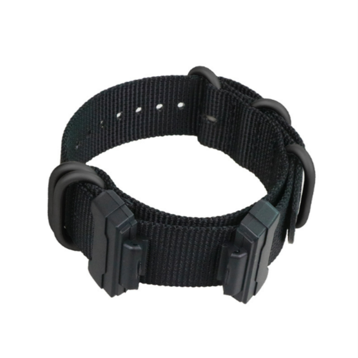 Ein schwarzes Uhrenarmband mit zwei schwarzen Verschlüssen zum Schließen.