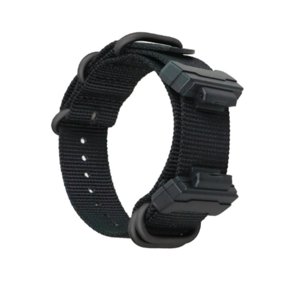 Schwarzes Uhrenarmband mit zwei schwarzen Verschlüssen. Es hat Schlaufen zur Anpassung.