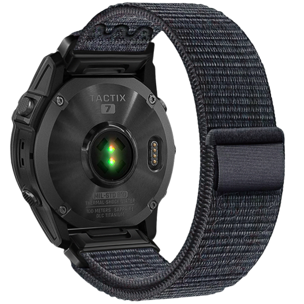 Rückansicht einer schwarzen Smartwatch mit schwarzem Stoffarmband.