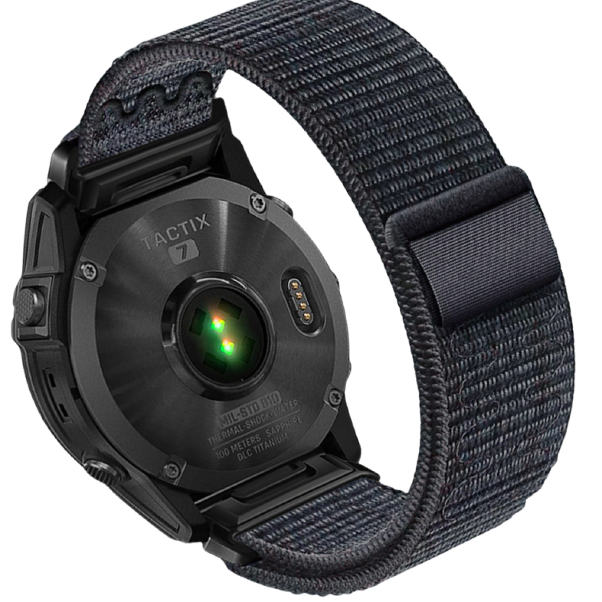 Schwarze Smartwatch mit grauem Band, zeigt die Rückseite der Uhr, mit Sensoren und Text.