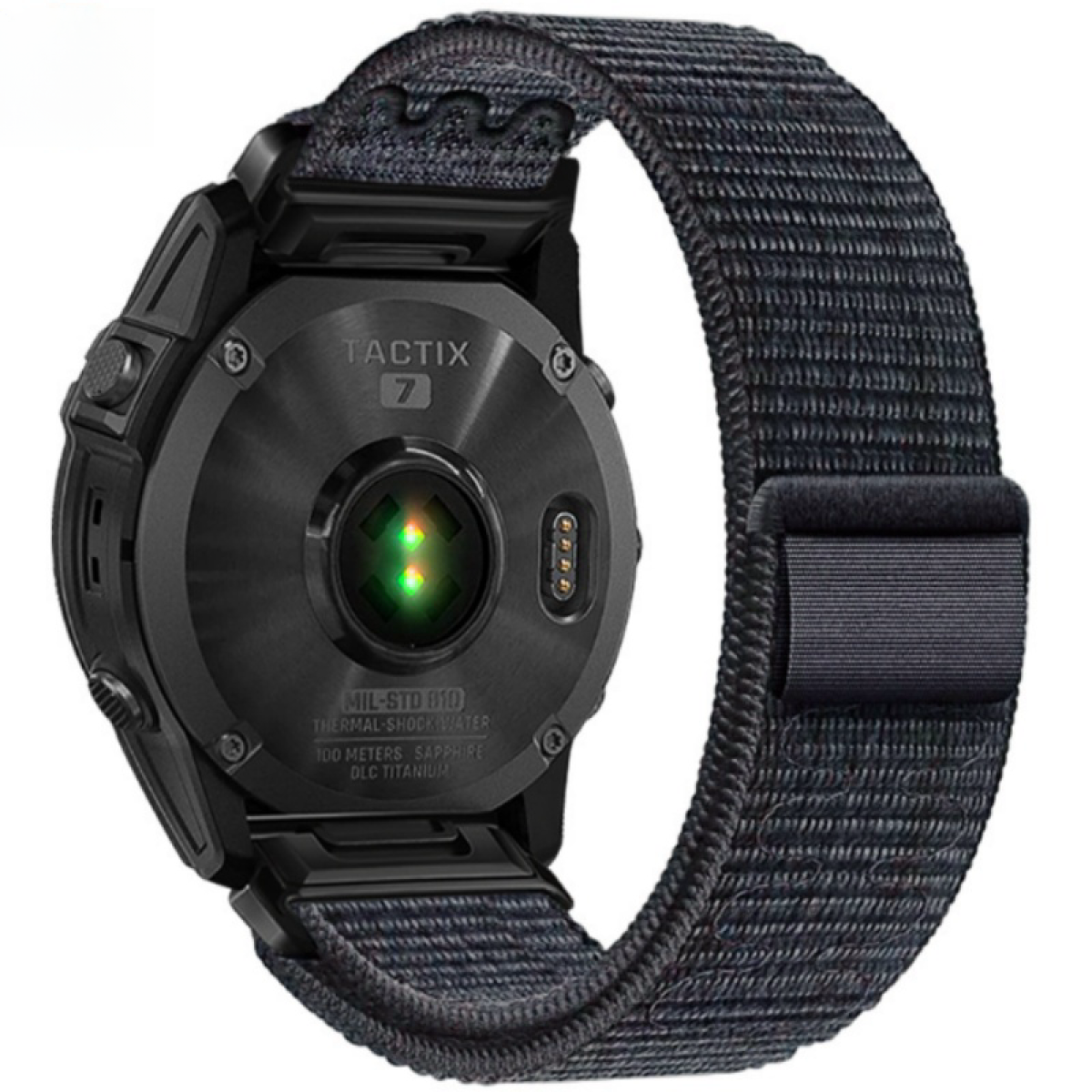 Schwarze Smartwatch, Rückansicht, mit Herzfrequenzsensor und Stoffband.