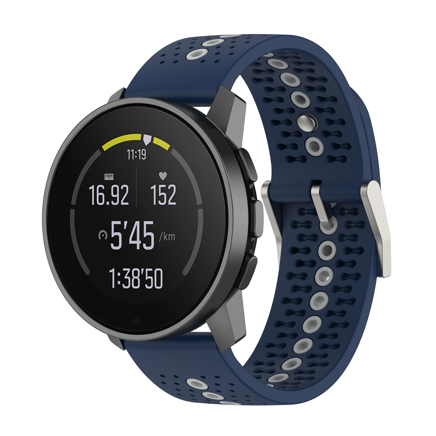 Eine schwarze Smartwatch mit blauem Armband, die Zeit und Gesundheitsmetriken anzeigt.