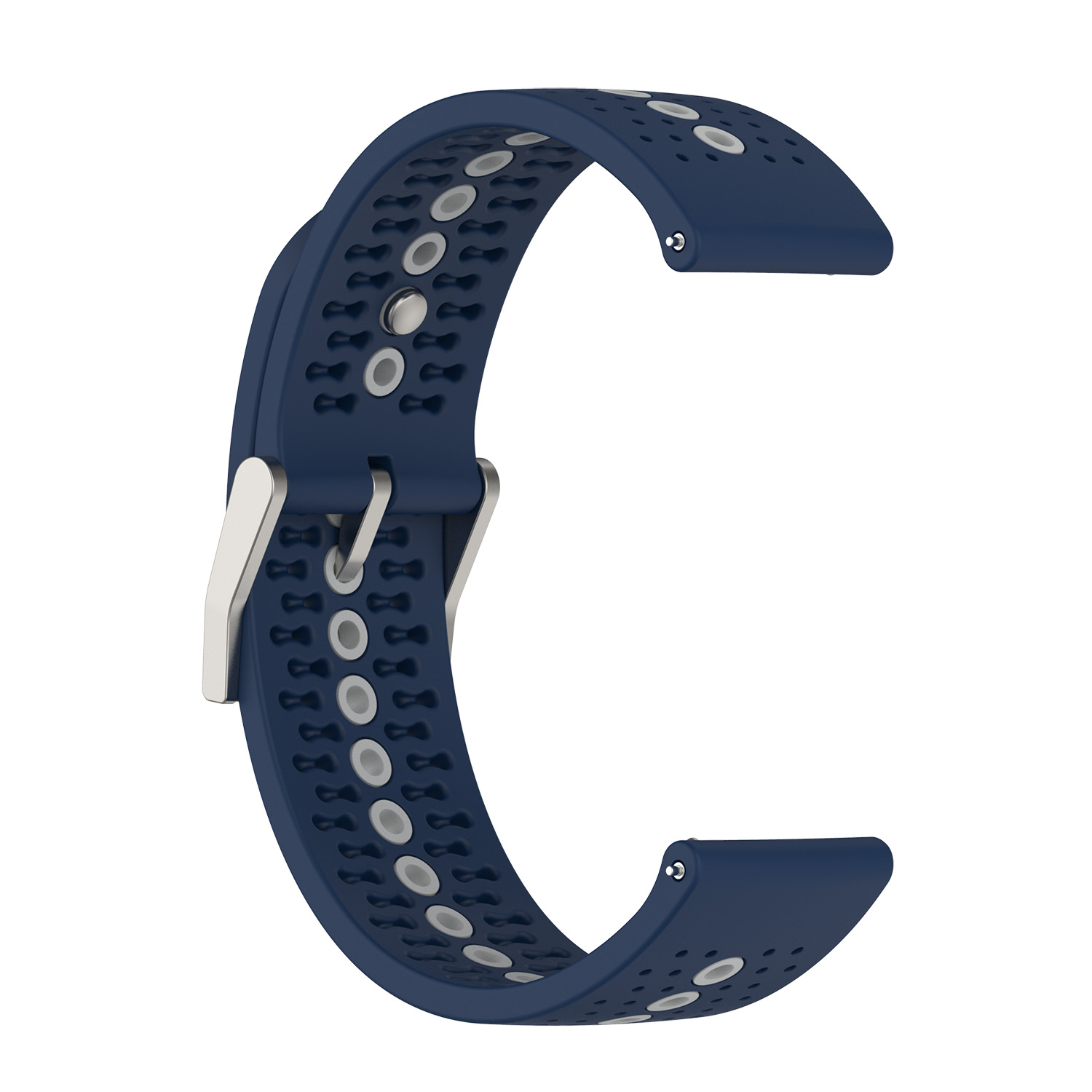 Blaues Smartwatch-Armband mit weißen kreisförmigen Perforationen und silberner Schnalle.