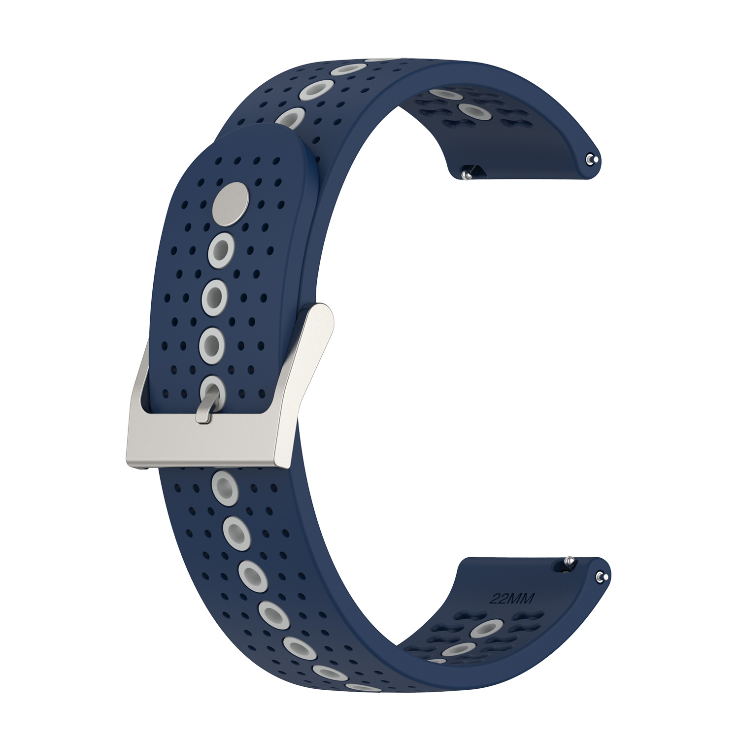 Dunkelblaues Smartwatch-Armband mit weißen Löchern und silberner Schnalle.