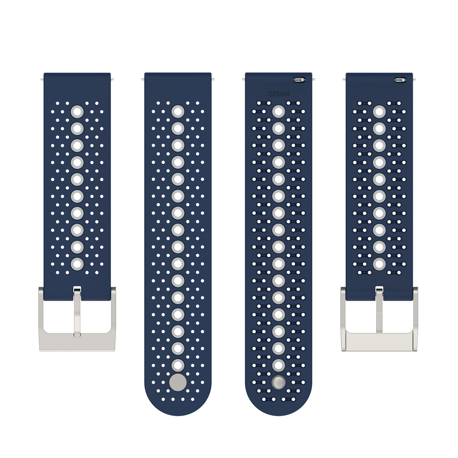 Ein Set aus vier marineblauen Uhrenarmbändern mit weißen Löchern und silbernen Schnallen.