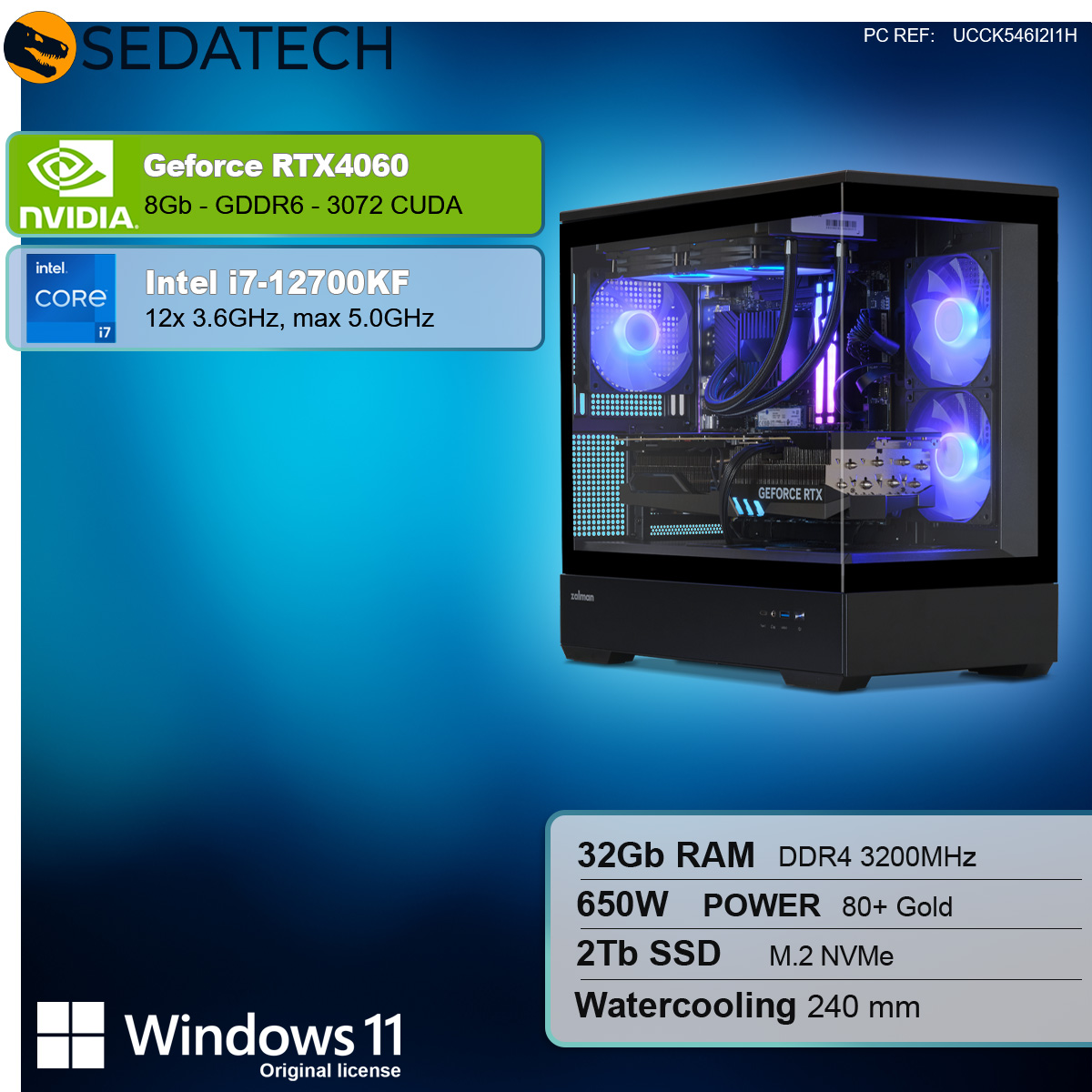 Case per computer con NVIDIA GeForce RTX 4060, processore Intel i7 ed etichetta Windows 11.