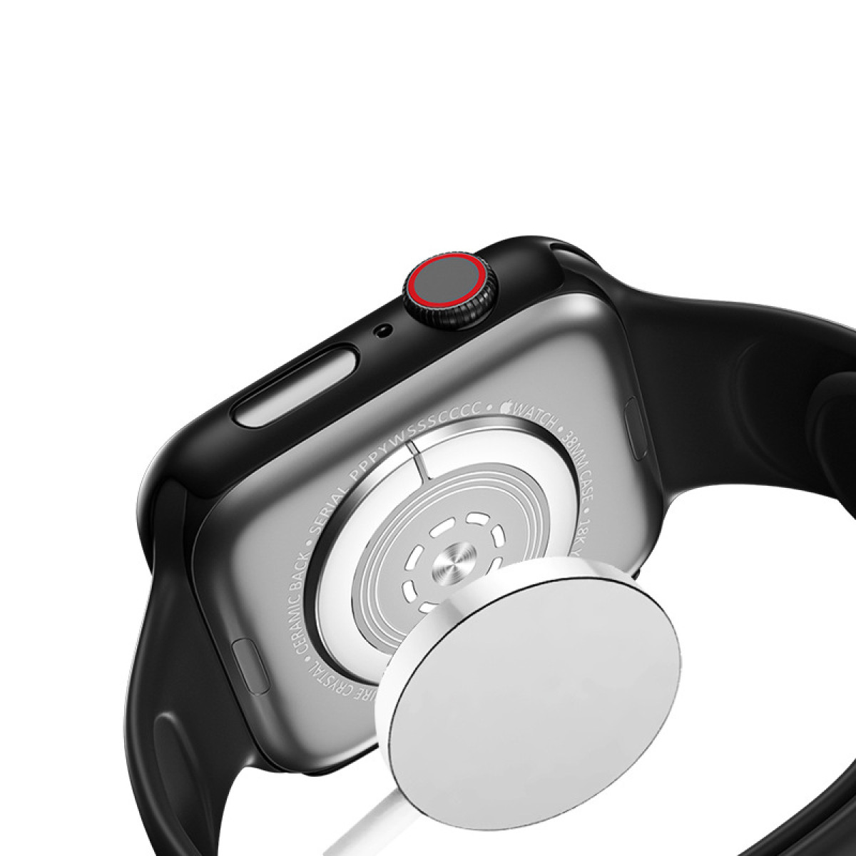 Smartwatch nero, con retro argento e base di ricarica. Pulsante rosso visibile.