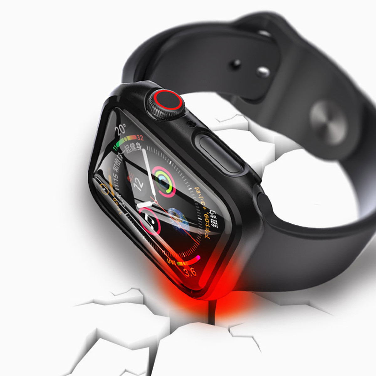 Smartwatch nero su superficie bianca, effetto crepato, bagliore rosso in basso.