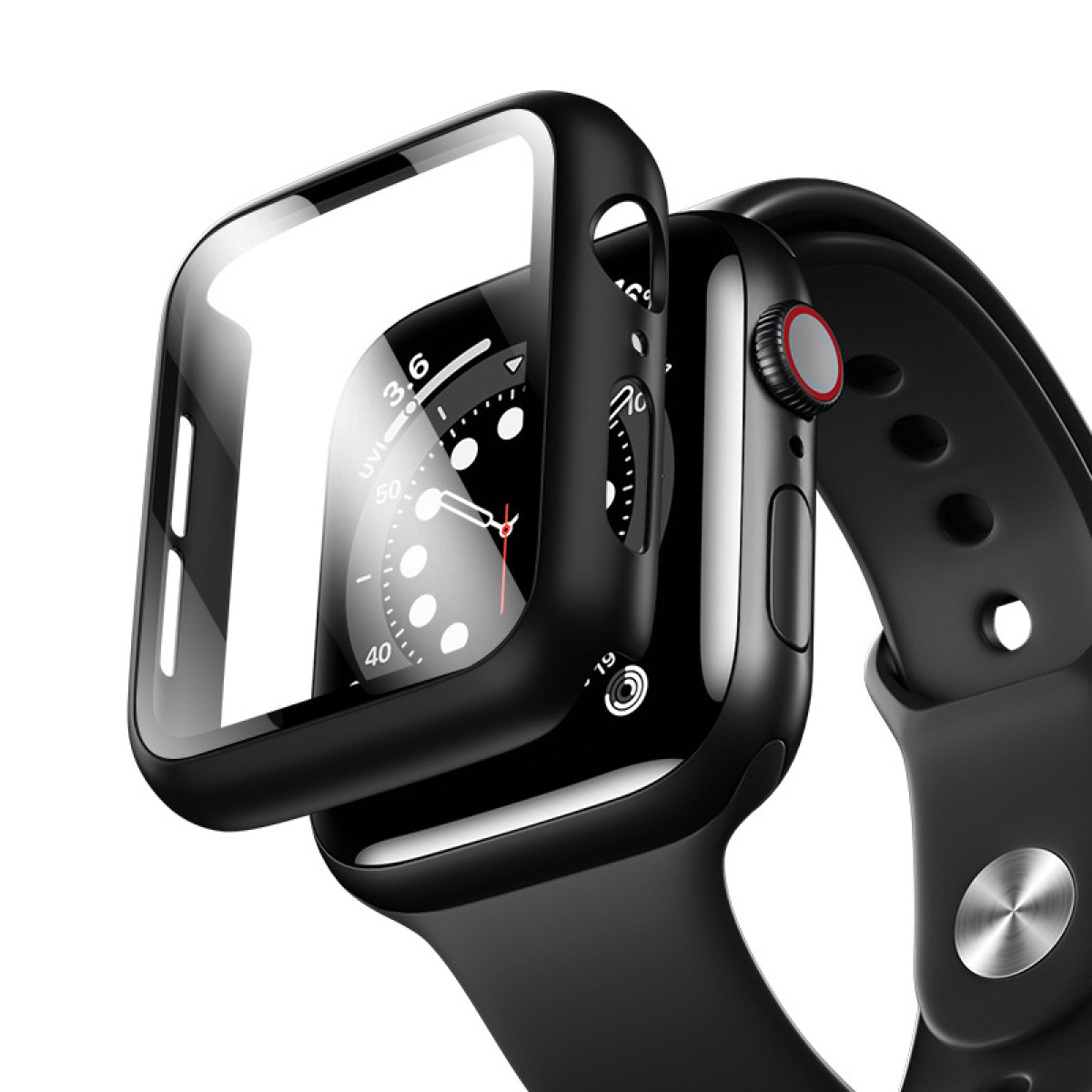 Uno smartwatch nero con una cover protettiva, che mostra il quadrante.