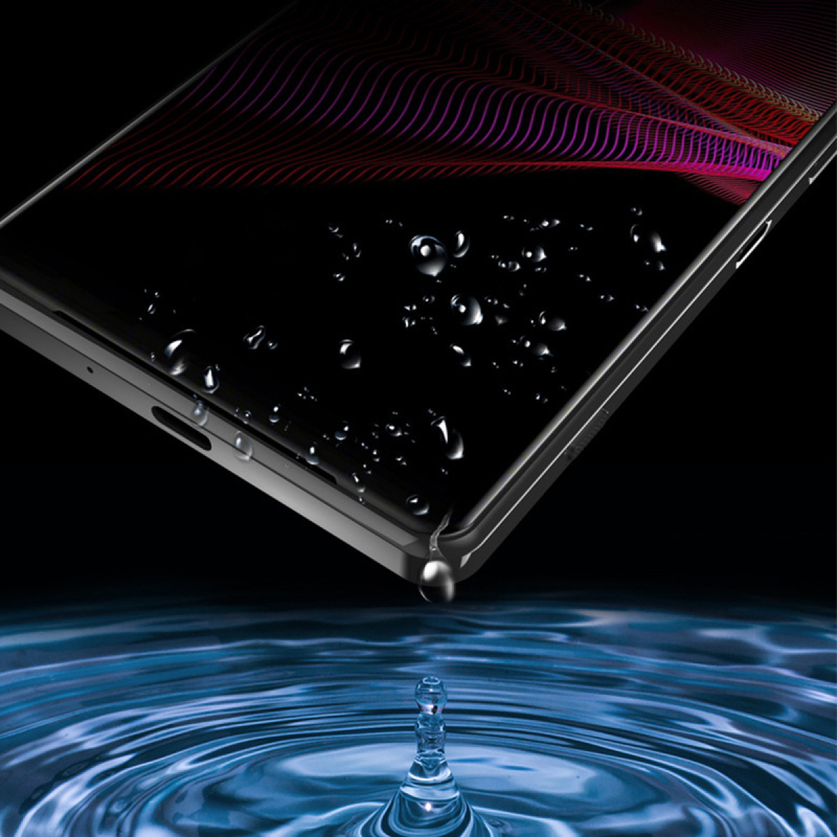 Un telefono con goccioline d'acqua sullo schermo, sopra un'onda d'acqua.