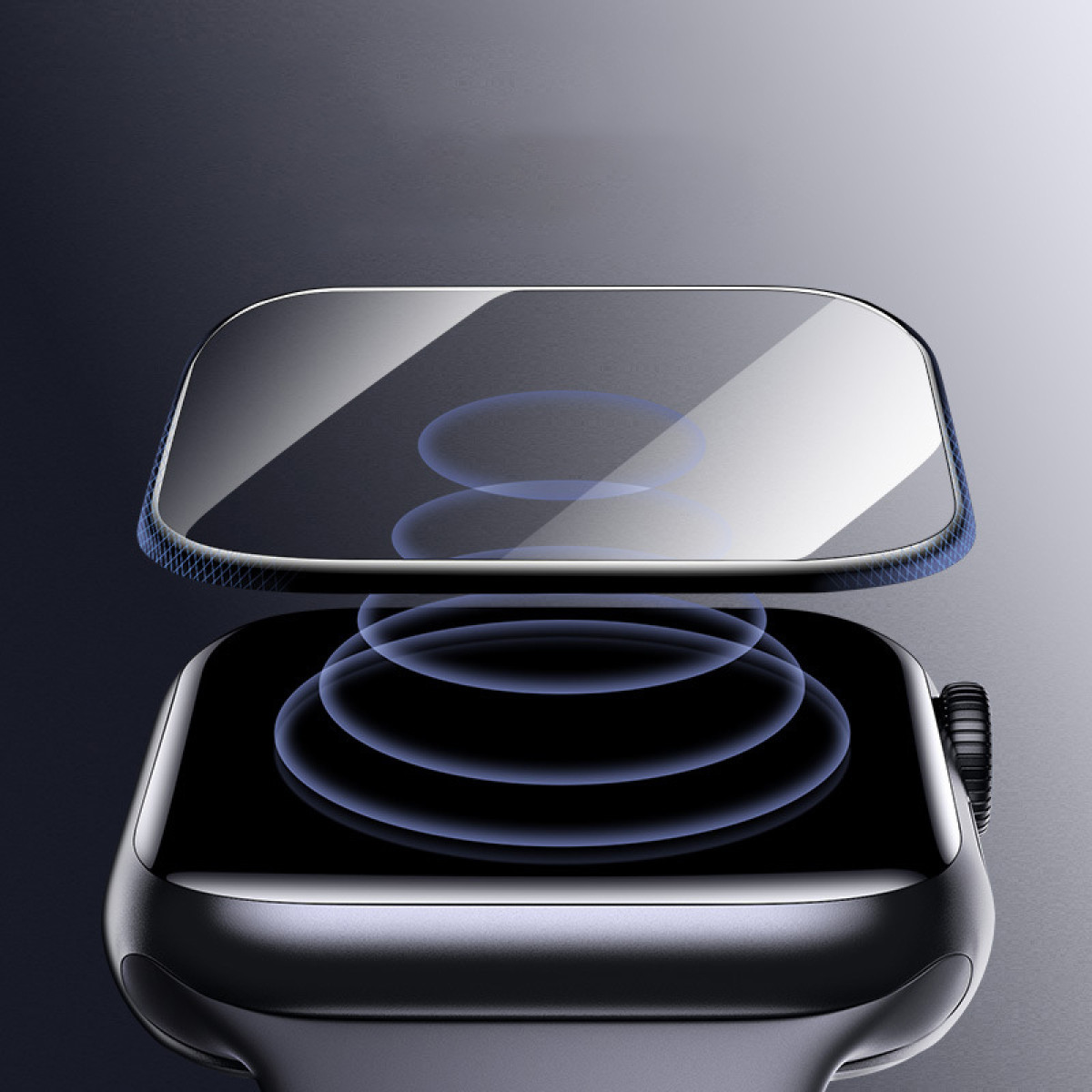 Uno smartwatch con un proteggi schermo sopra, con cerchi di luce.