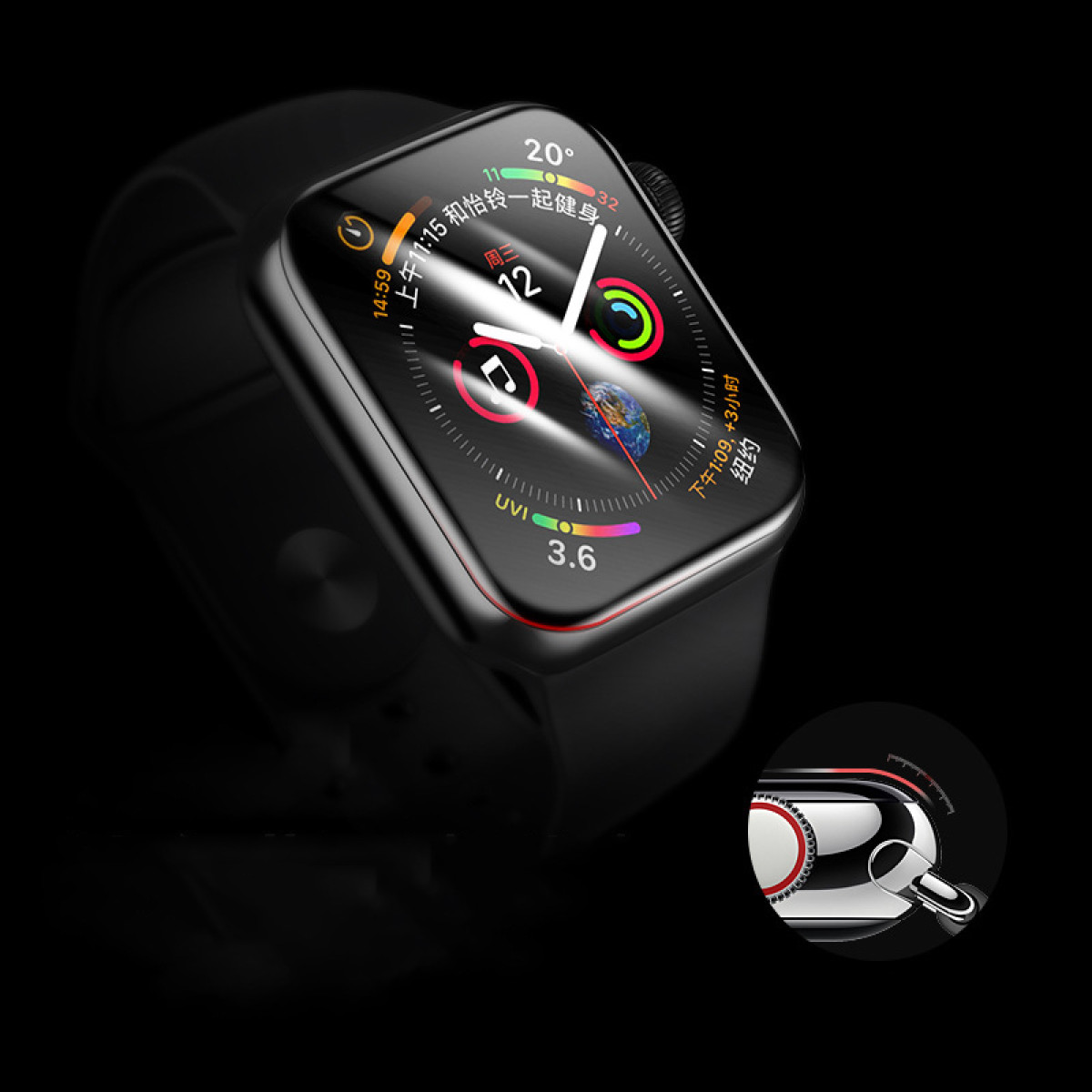Smartwatch nero con display digitale che mostra ora e icone. È visibile un piccolo dettaglio del cinturino.