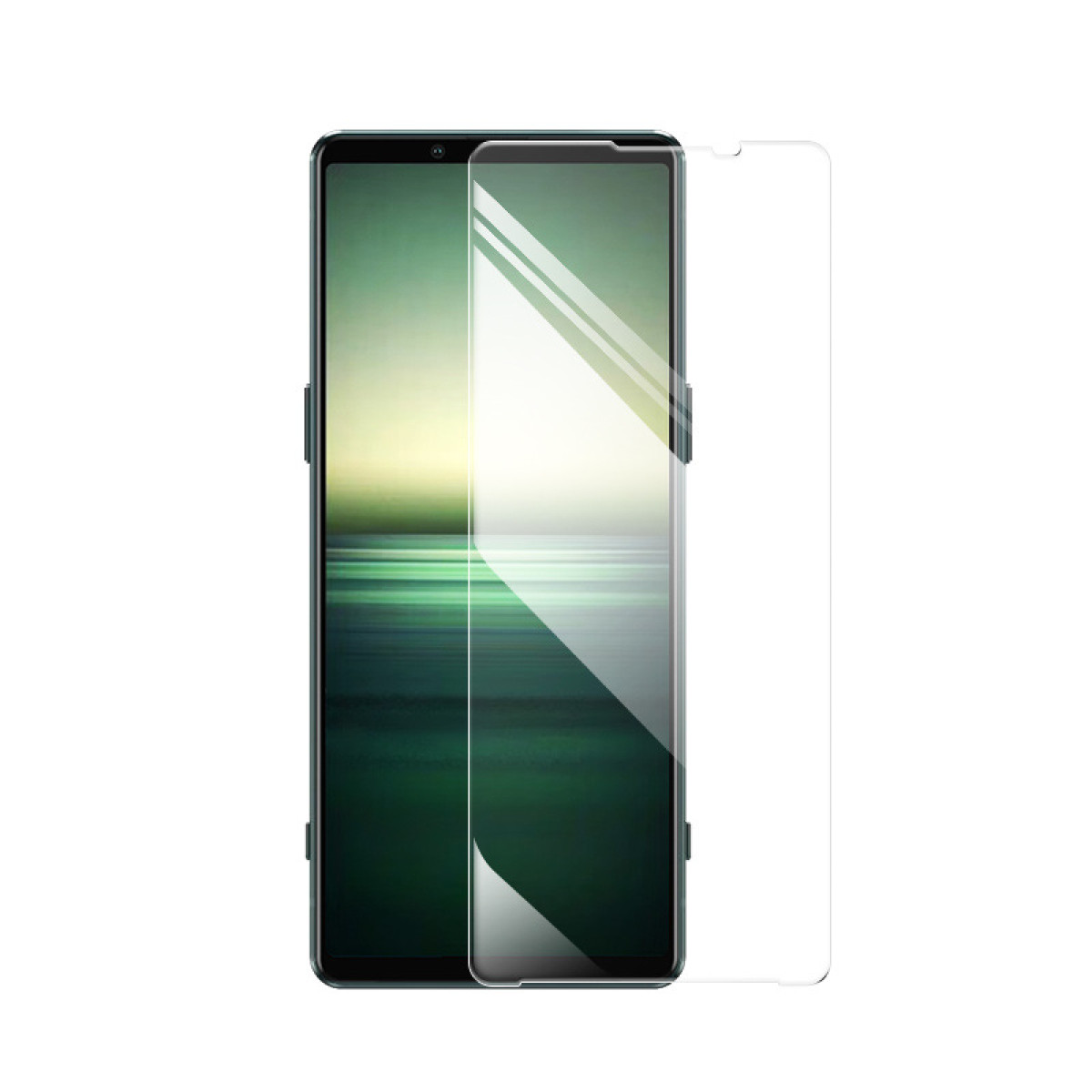Un telefono con protezione per lo schermo applicata, sfondo verde visibile.