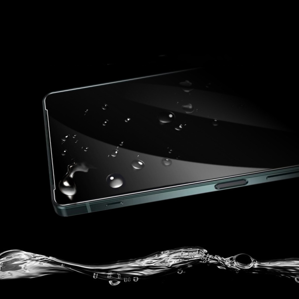 Un telefono con goccioline d'acqua sullo schermo e un effetto acqua.