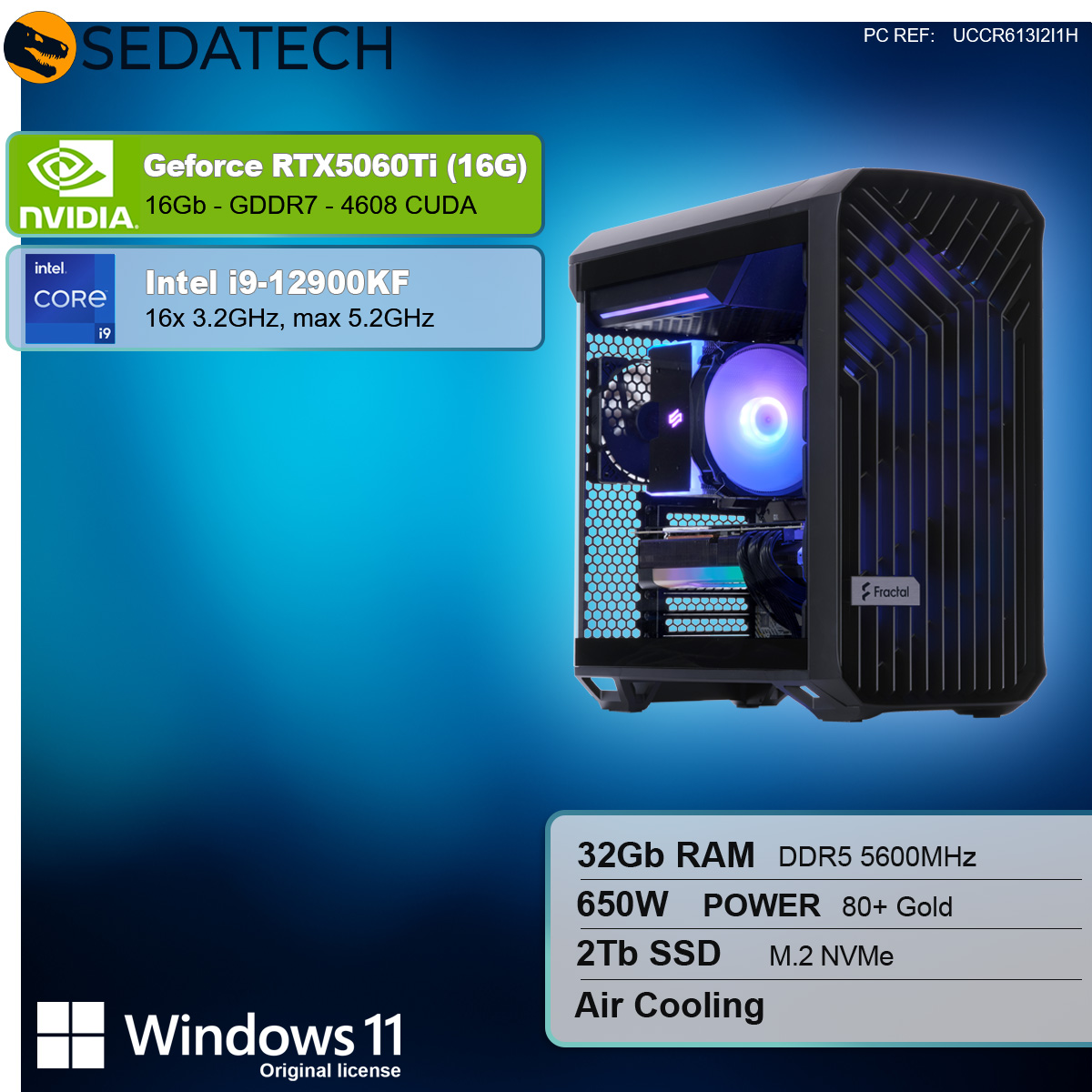 Computer desktop con componenti. NVIDIA GeForce RTX 5060Ti, Intel i9, Windows 11.