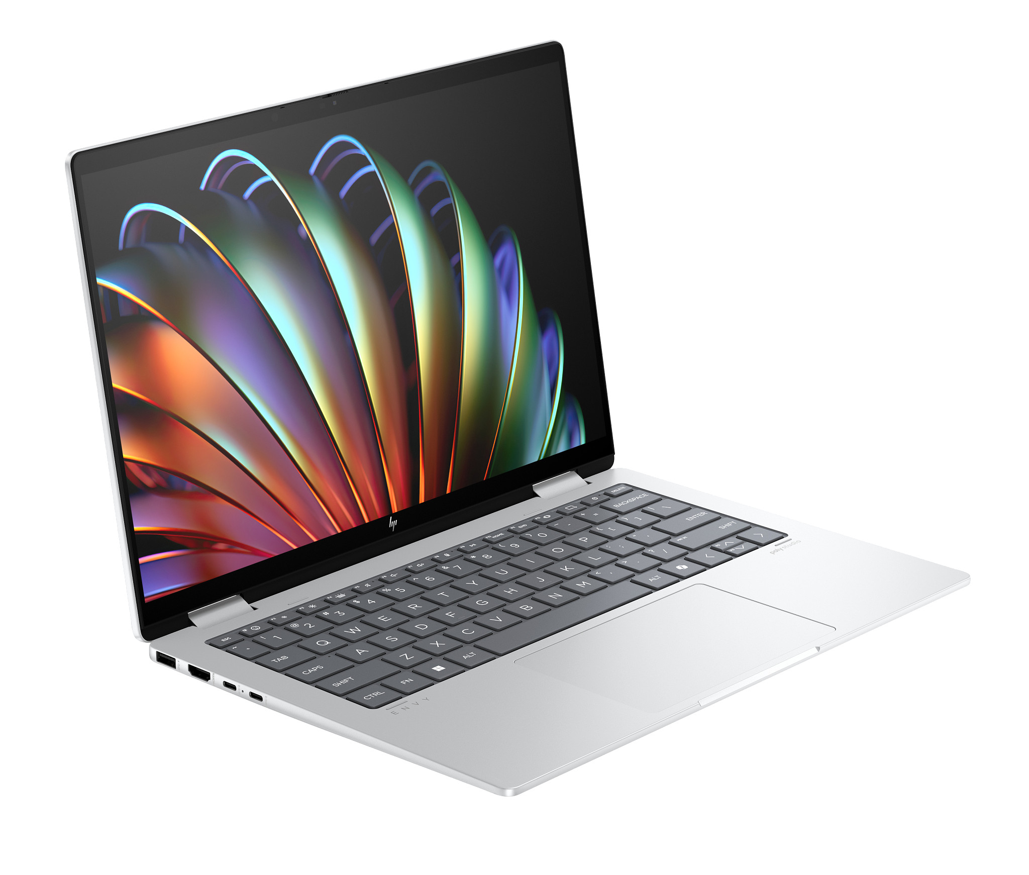 Srebrny laptop z otwartym ekranem, widoczna klawiatura. Białe tło.