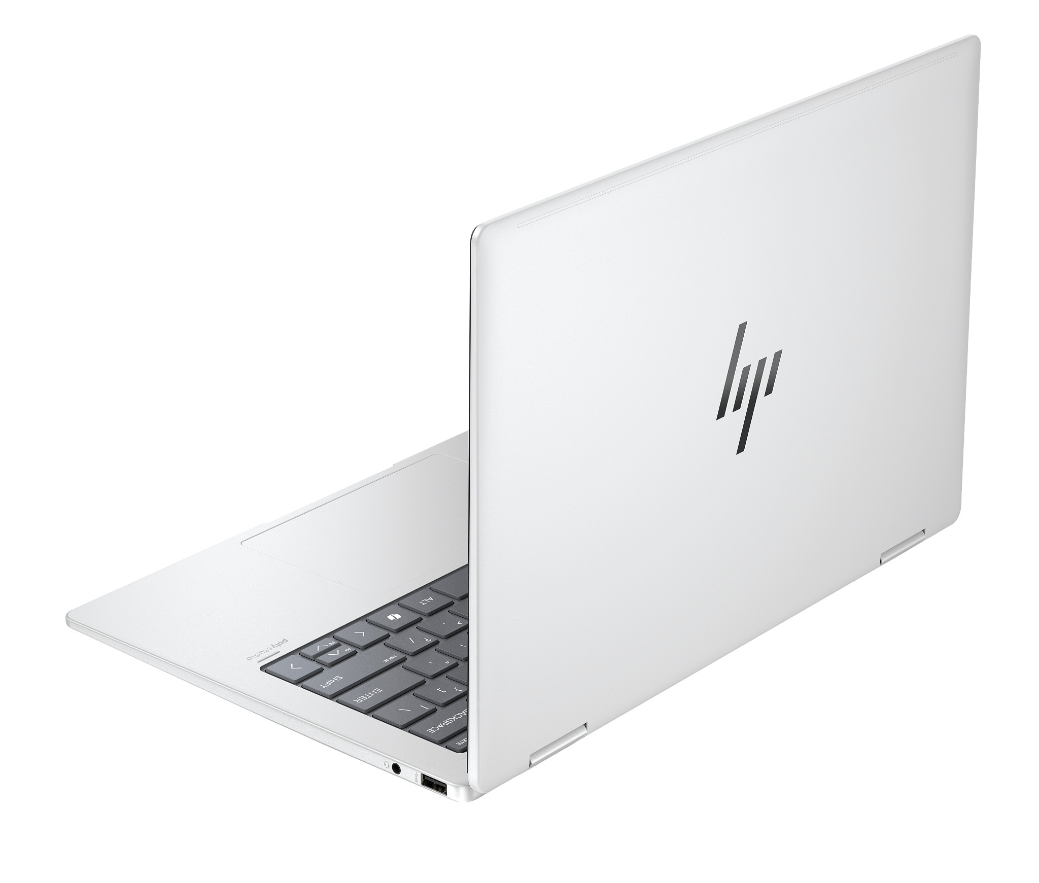 Biały laptop, częściowo otwarty, z logo HP na tylnej obudowie.