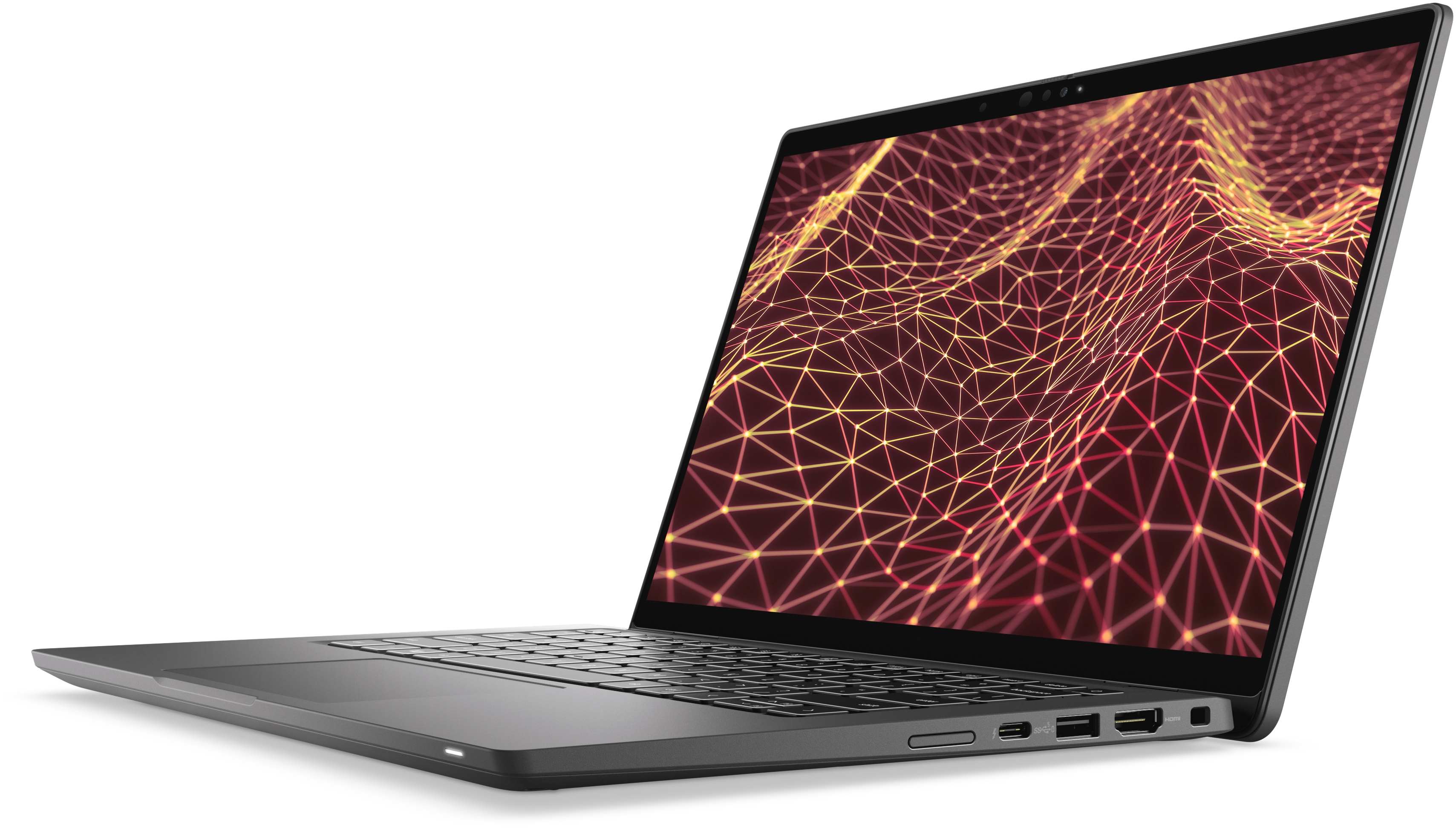 Zilveren laptop met een rood en goud netwerk op het scherm.