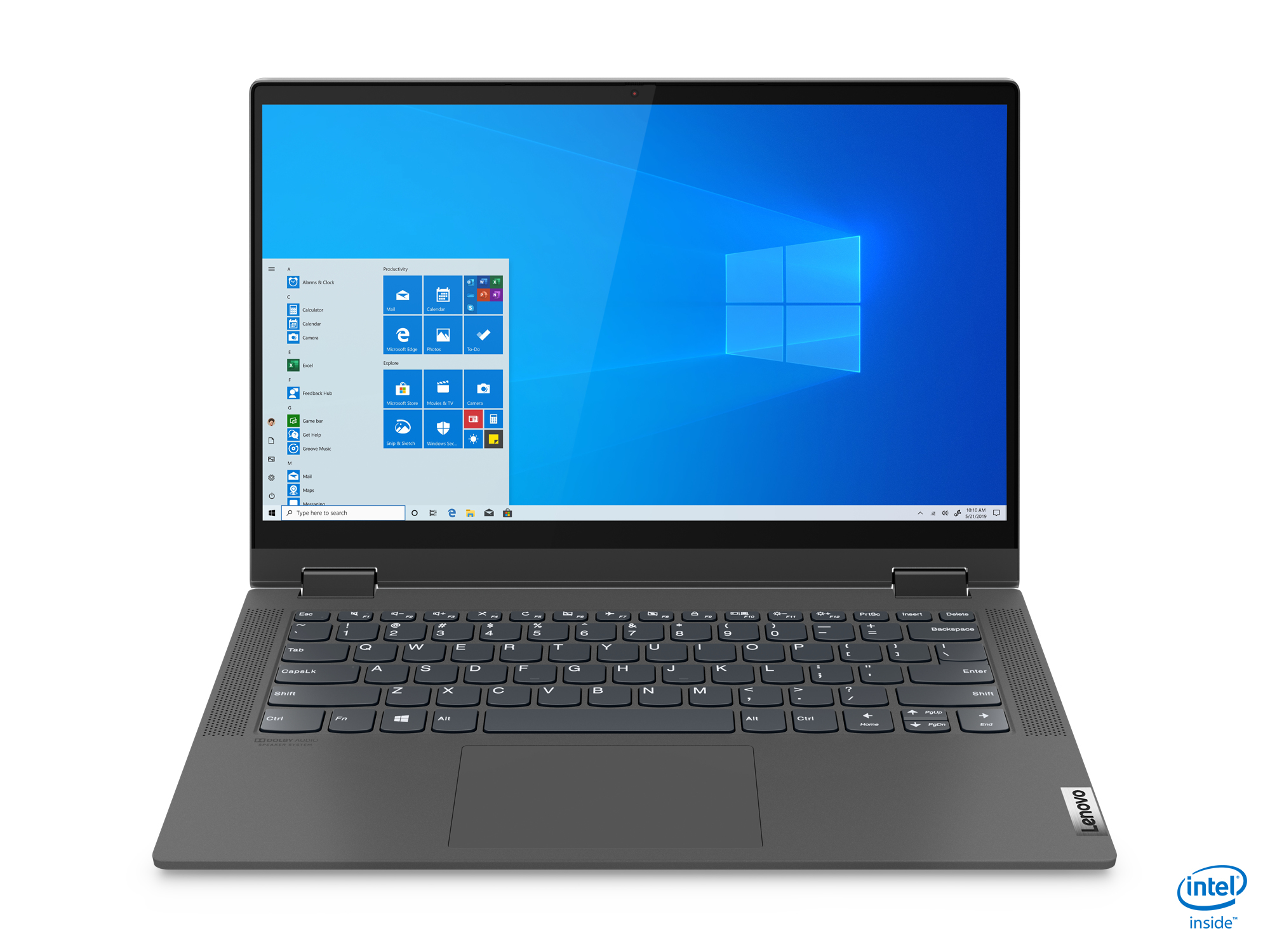 Laptop mit Windows-Desktop, offen, graues Gehäuse, weißer Hintergrund.