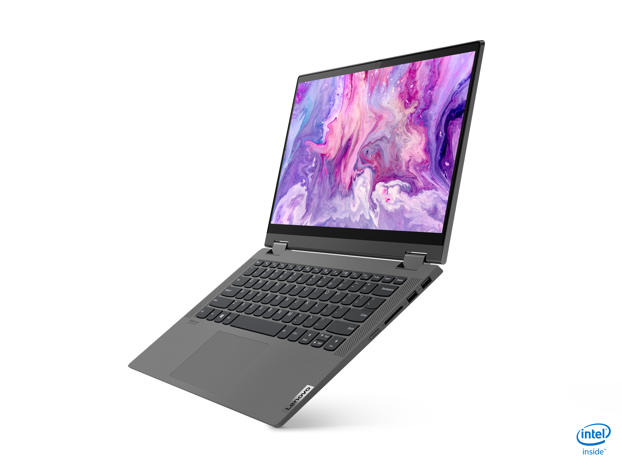 Lenovo Laptop offen, zeigt ein farbenfrohes abstraktes Bild auf dem Bildschirm.