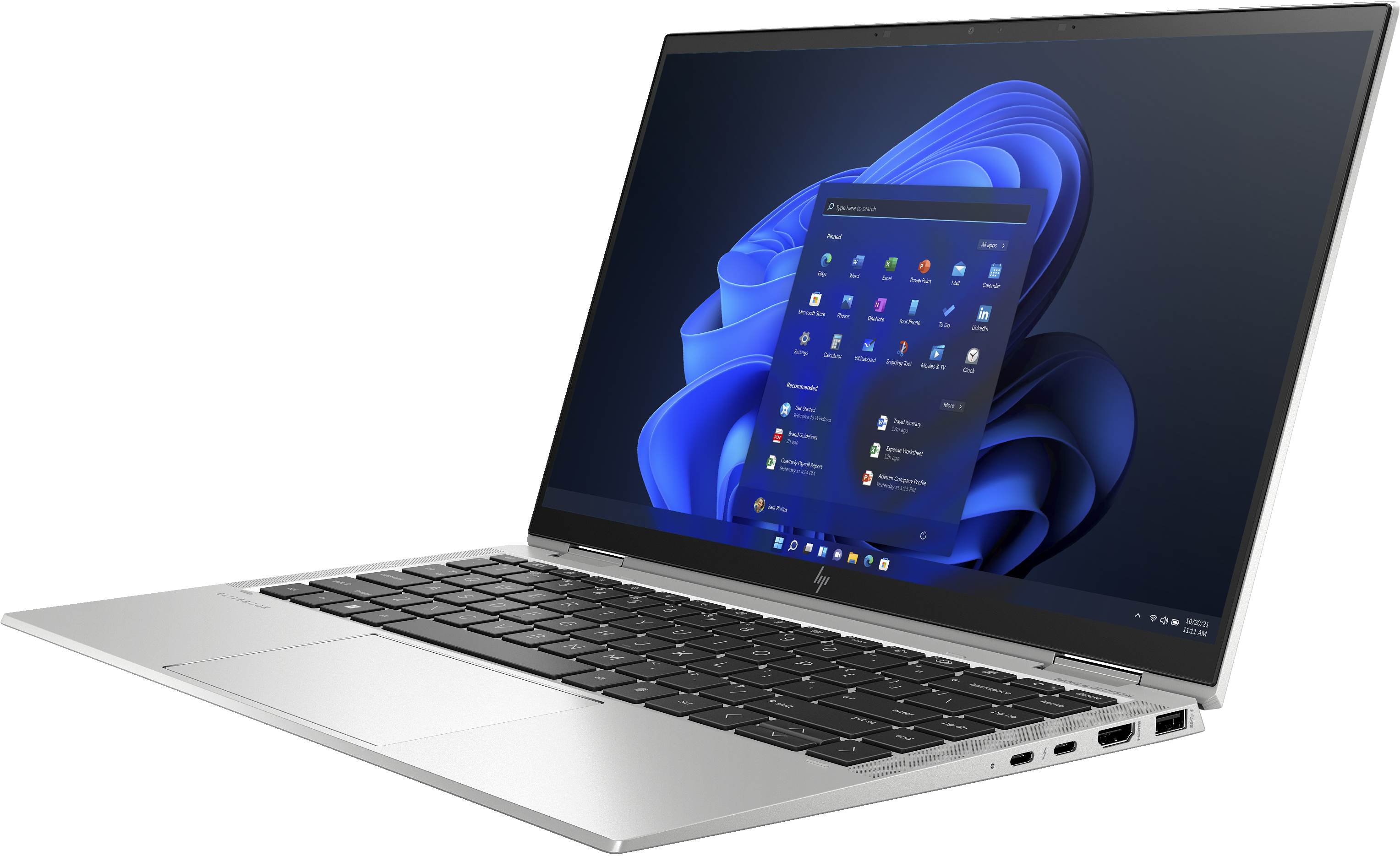 Silberner Laptop mit Windows-Oberfläche auf dem Bildschirm und schwarzer Tastatur.