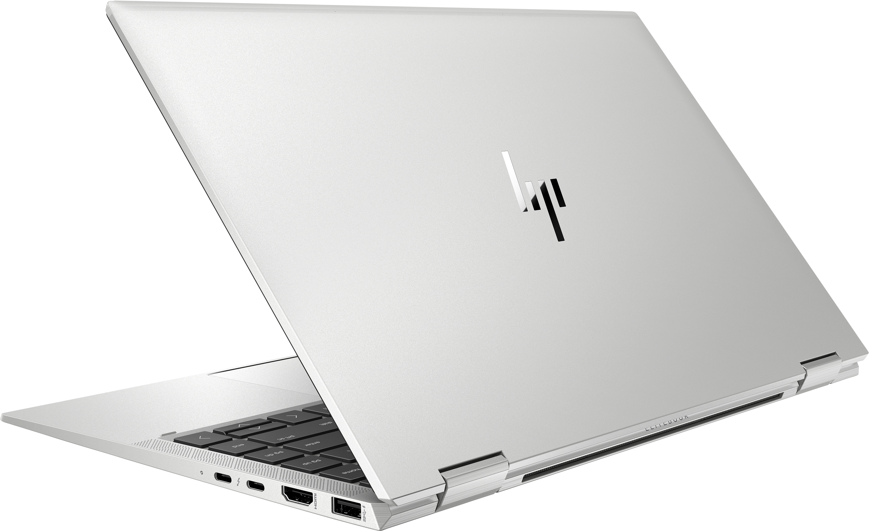 Silberner Laptop mit Logo auf der Rückseite. Winkelansicht. Weißer Hintergrund.
