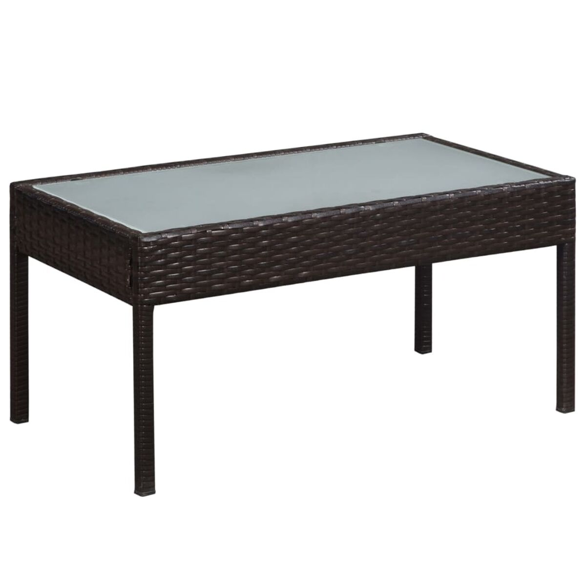Brauner gewebter Couchtisch mit Glasplatte.