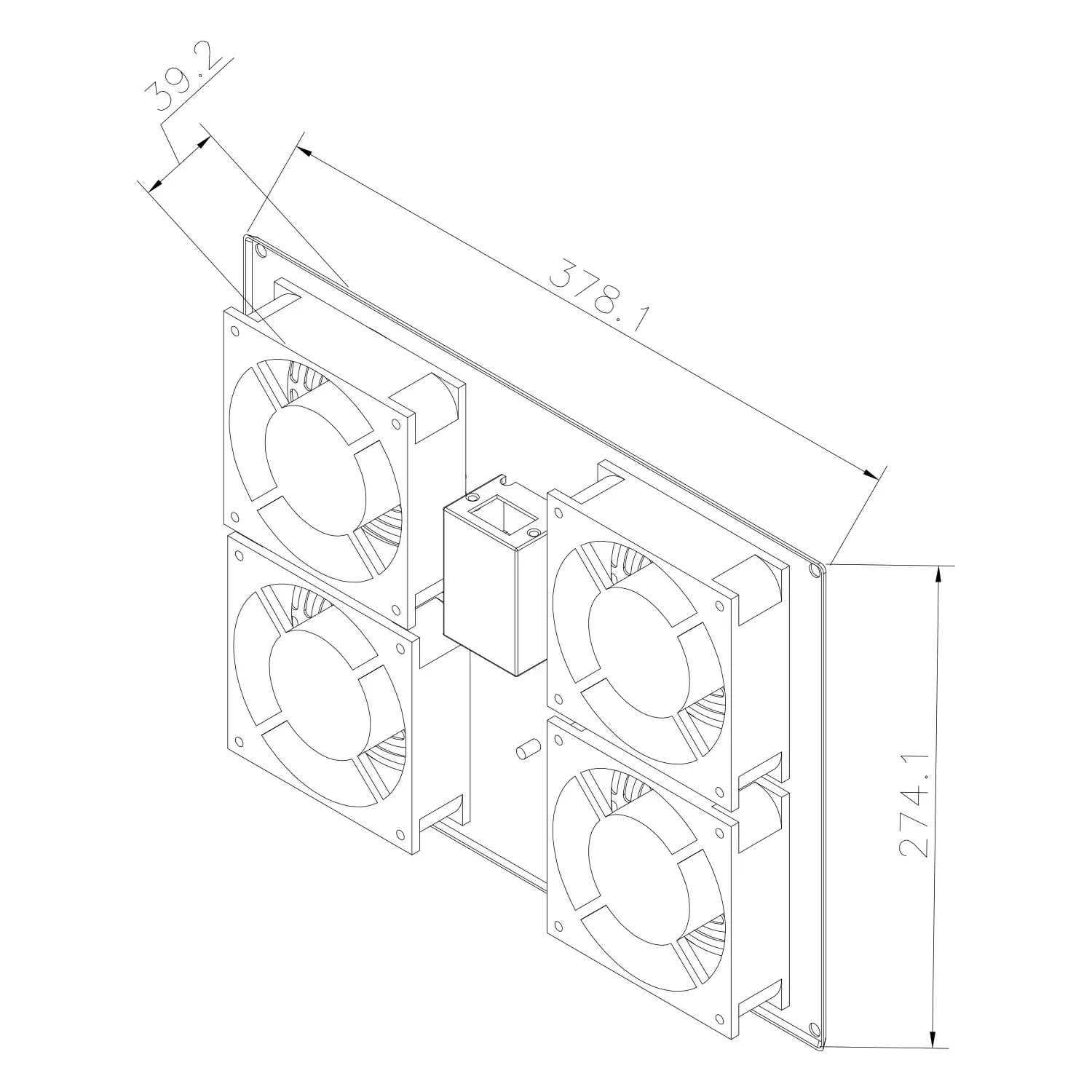 Disegno isometrico di un sistema di raffreddamento, con dimensioni e posizionamento delle ventole.