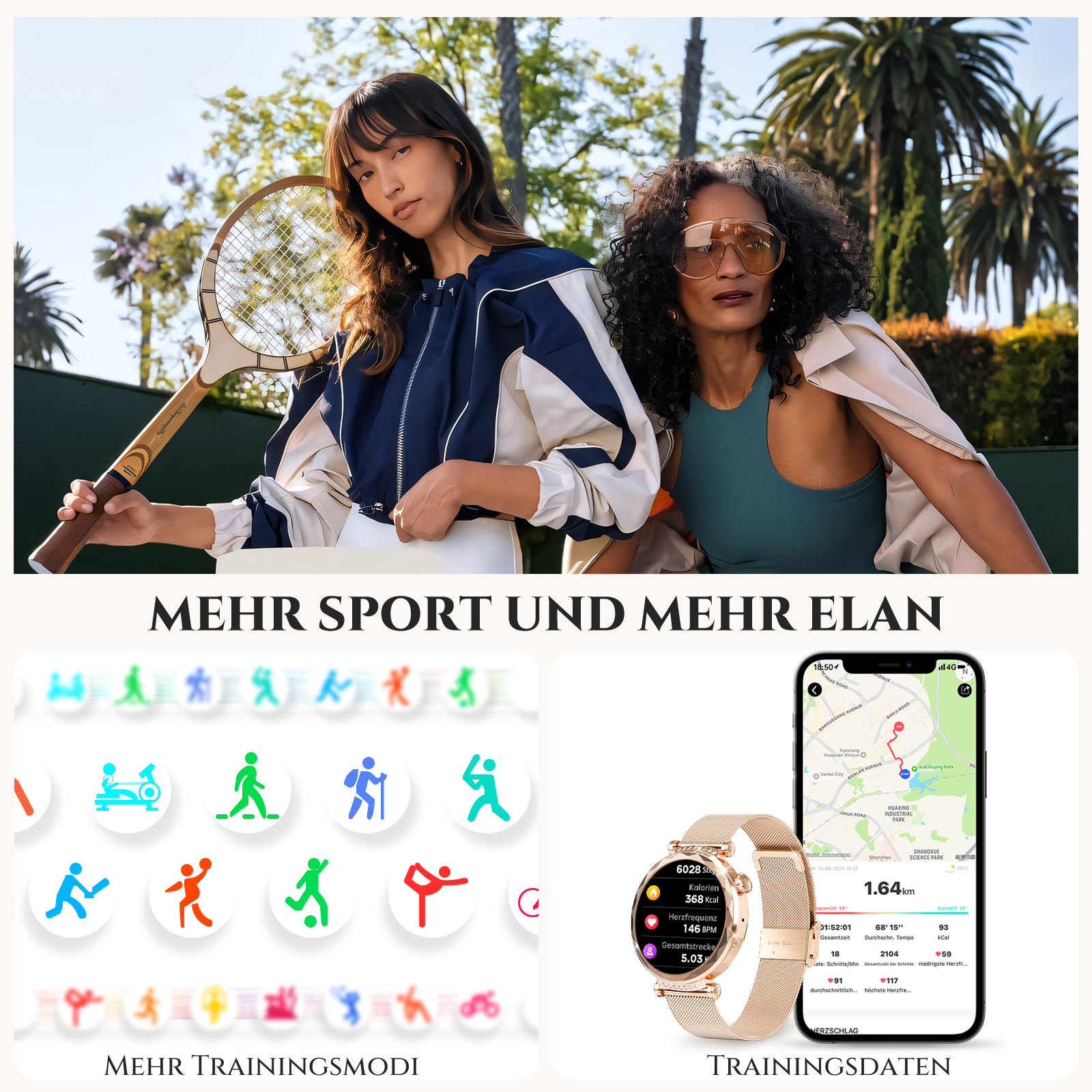 Zwei Frauen, eine mit Tennisschläger, Smartphone mit Trainingsdaten und Icons.