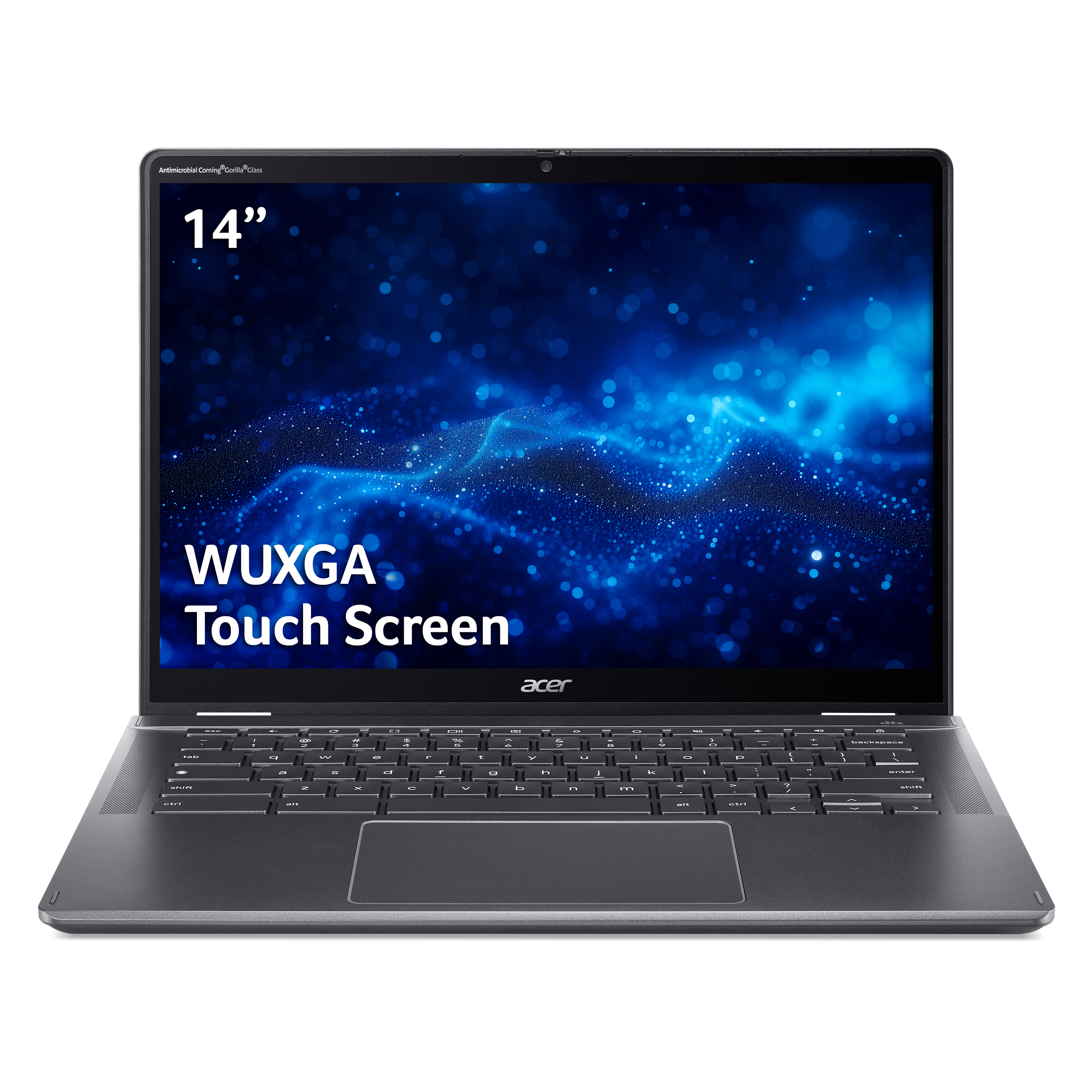 Un laptop nero con schermo da 14 pollici che mostra uno sfondo astratto blu e bianco.