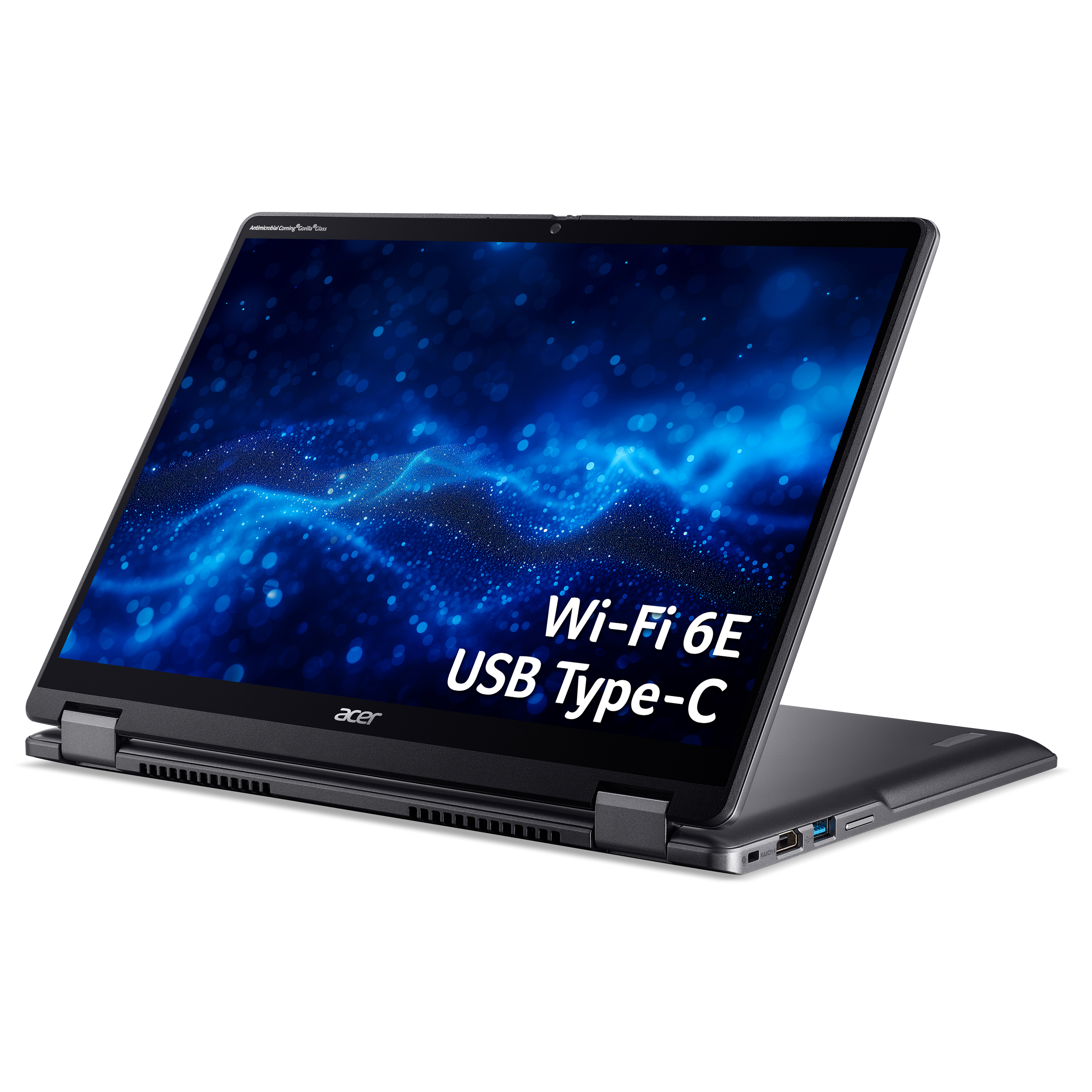 Laptop Acer nero aperto, con schermo che mostra Wi-Fi 6E e USB Type-C. Sfondo bianco.